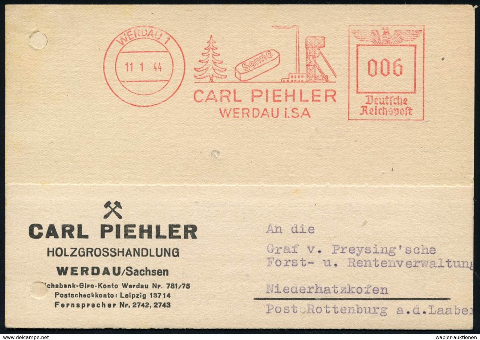 KOHLE / STEIN- & BRAUNKOHLE / KOKS : WERDAU 1/ CARL PIEHLER.. 1944 (11.1.) AFS = Brikett "Sonne", Zechen-Förderturm (u.  - Autres & Non Classés
