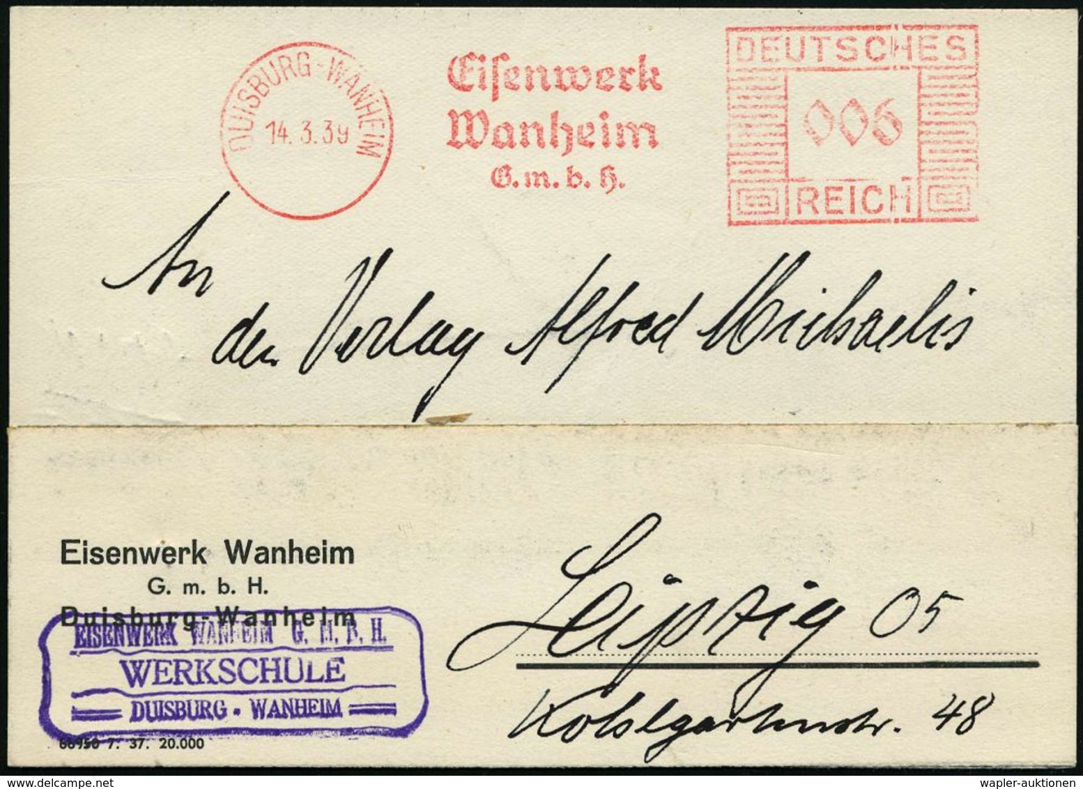 VERHÜTTUNG / ERZ- & METALLVERARBEITUNG : DUISBURG-WANHEIM/ Eisenwerk/ Wanheim/ GmbH 1939 (14.3.) AFS + Viol. Ra3: EISENW - Autres & Non Classés