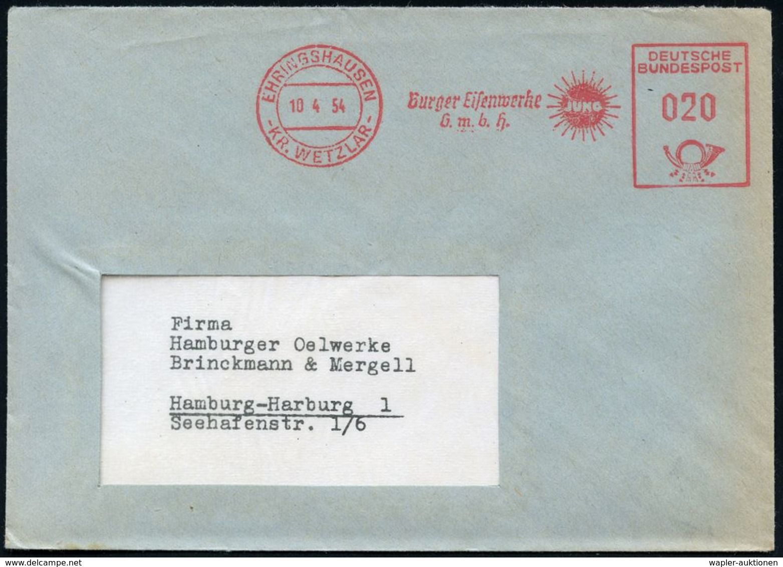 VERHÜTTUNG / ERZ- & METALLVERARBEITUNG : EHRINGSHAUSEN/ (KR.WETZLAR)/ Burger Eisenwerke/ GmbH/ JUNO 1954 (10.4.) AFS (Fi - Sonstige & Ohne Zuordnung