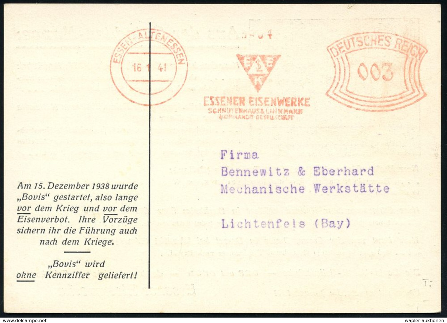 VERHÜTTUNG / ERZ- & METALLVERARBEITUNG : ESSEN-ALTENESSEN/ EEK/ ESSENER EISENWERKE.. 1941 (16.1.) AFS = Firmen-Logo Auf  - Sonstige & Ohne Zuordnung