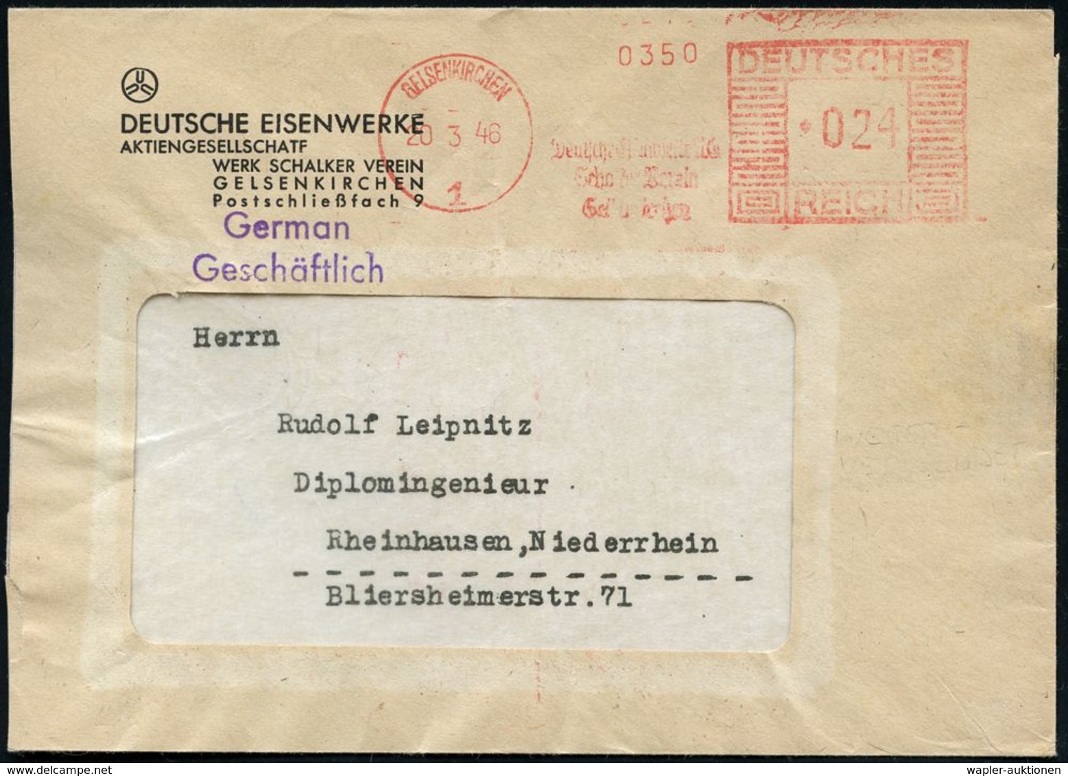 VERHÜTTUNG / ERZ- & METALLVERARBEITUNG : GELSENKIRCHEN/ 1/ Deutsche Eisenwerke AG/ Schalker Verein.. 1946 (20.3.) AFS Fr - Other & Unclassified