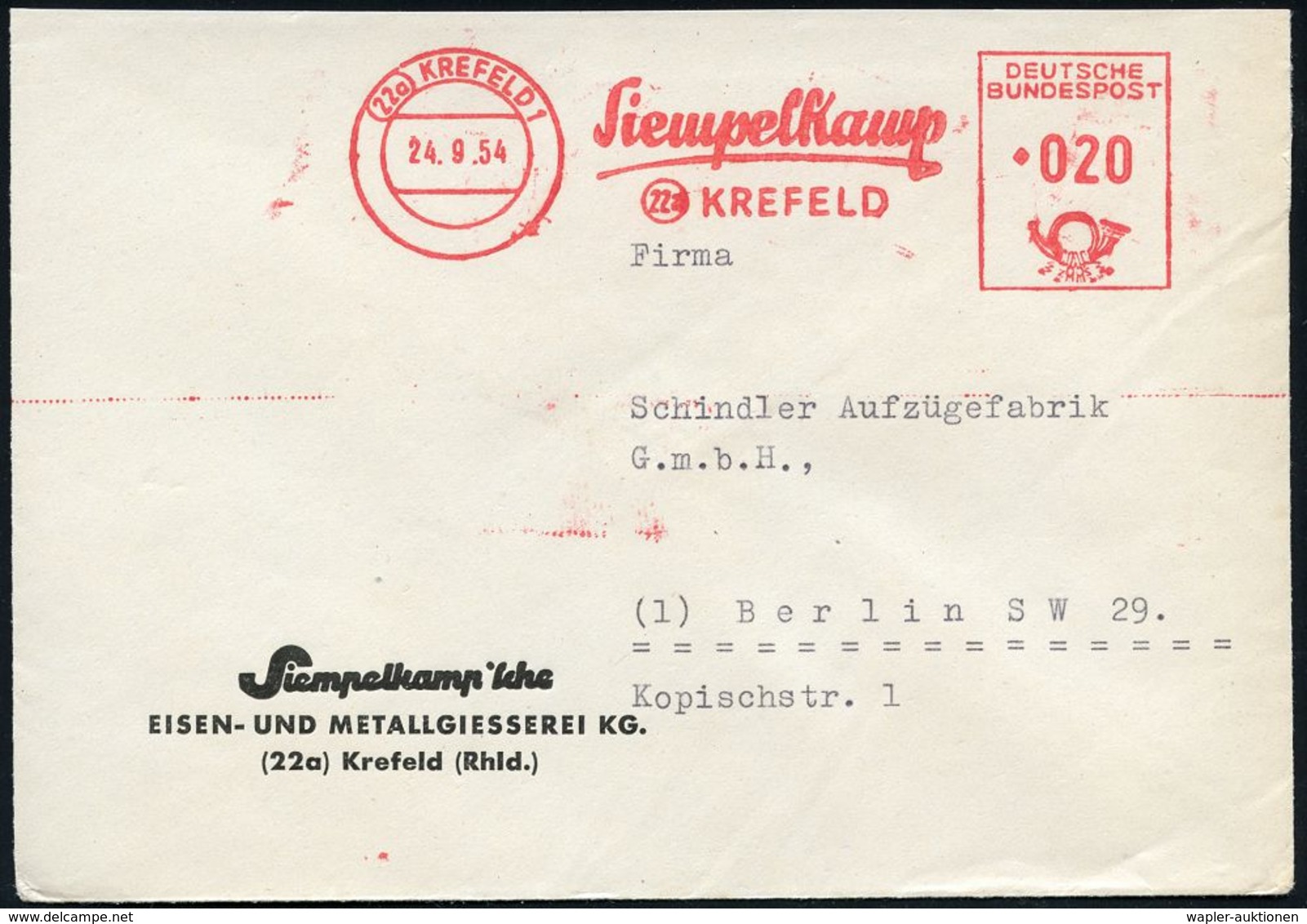 VERHÜTTUNG / ERZ- & METALLVERARBEITUNG : (22a) KREFELD 1/ Siempelkamp.. 1954 (24.9.) AFS Auf Firmen-Bf.: Siempelkamp'sch - Sonstige & Ohne Zuordnung