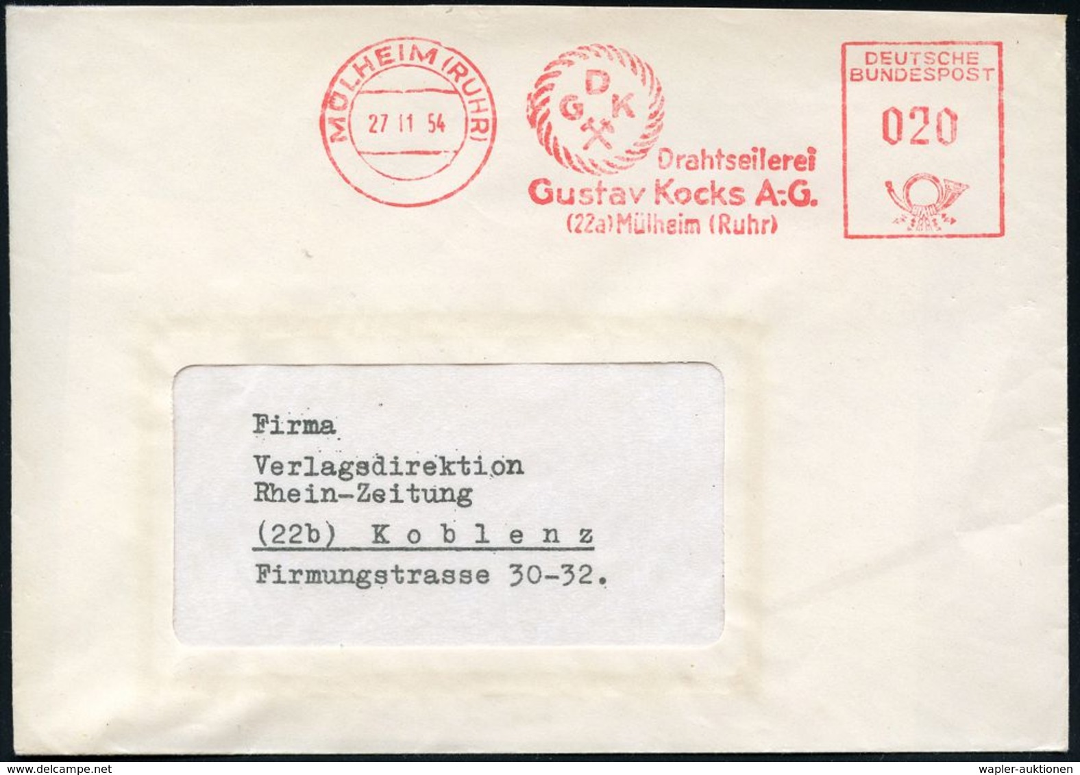 VERHÜTTUNG / ERZ- & METALLVERARBEITUNG : MÜLHEIM (RUHR)/ DGK/ Drahtseilerei/ Gustav Kocks A.-G... 1954 (27.11.) AFS (Dra - Autres & Non Classés