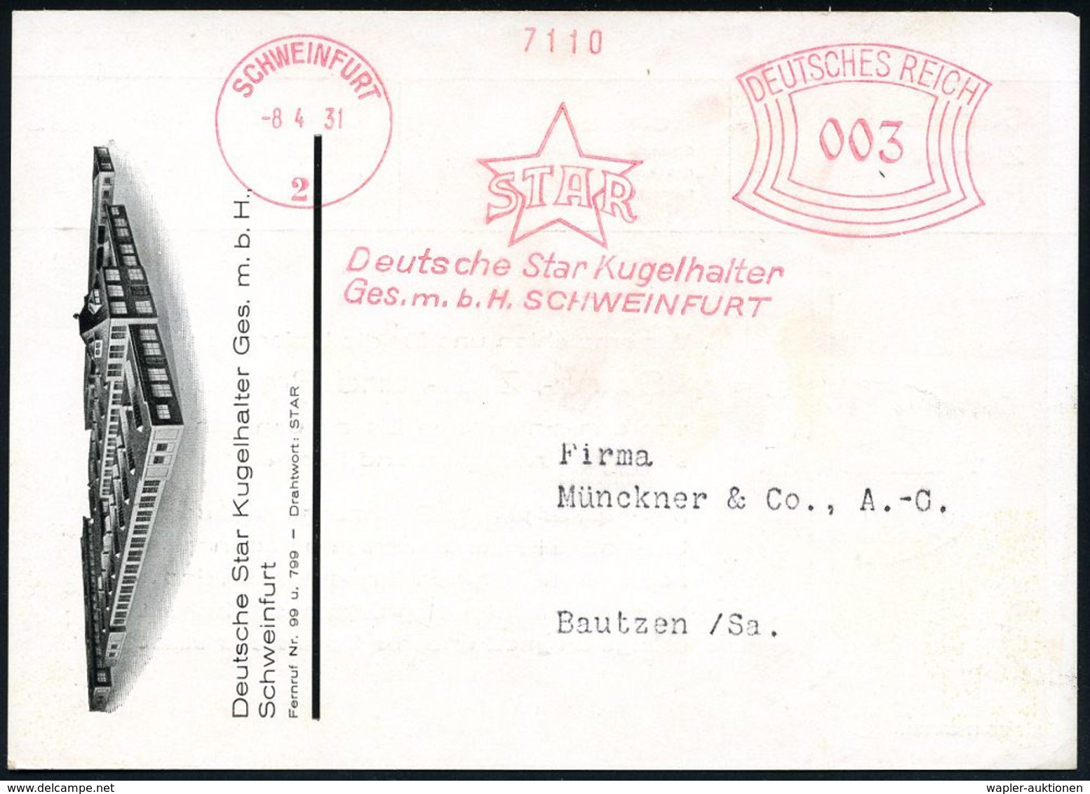 VERHÜTTUNG / ERZ- & METALLVERARBEITUNG : SCHWEINFURT/ 2/ STAR/ Deutsche Star Kugelhalter/ Ges.mbH 1931 (8.4.) AFS Klar A - Autres & Non Classés