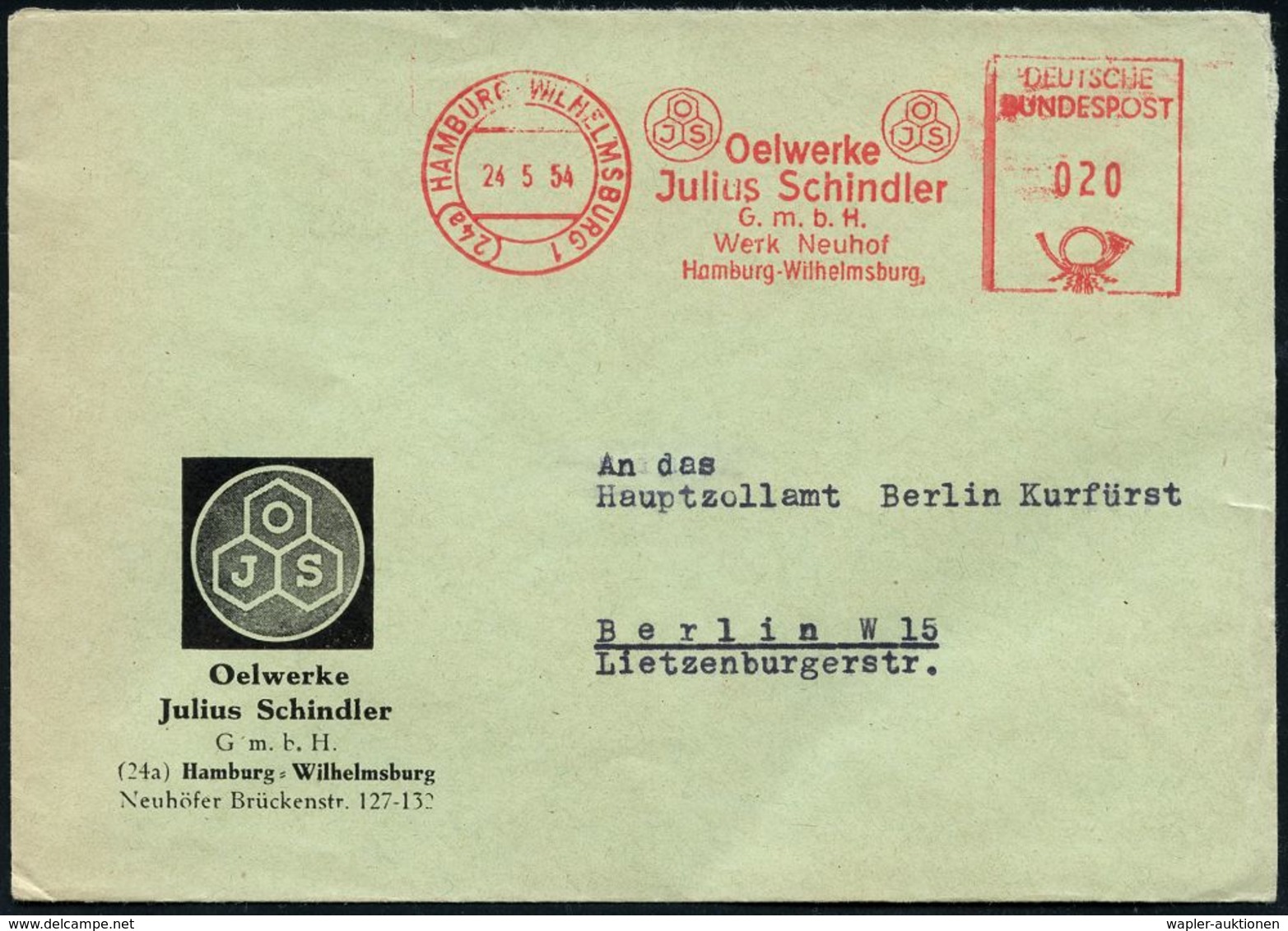 ERDÖL / PROSPEKTIERUNG & GEWINNUNG : (24a) HAMBURG-WILHELMSBURG 1/ OJS/ Oelwerke/ Julius Schindler.. 1954 (24.5.) AFS (M - Oil