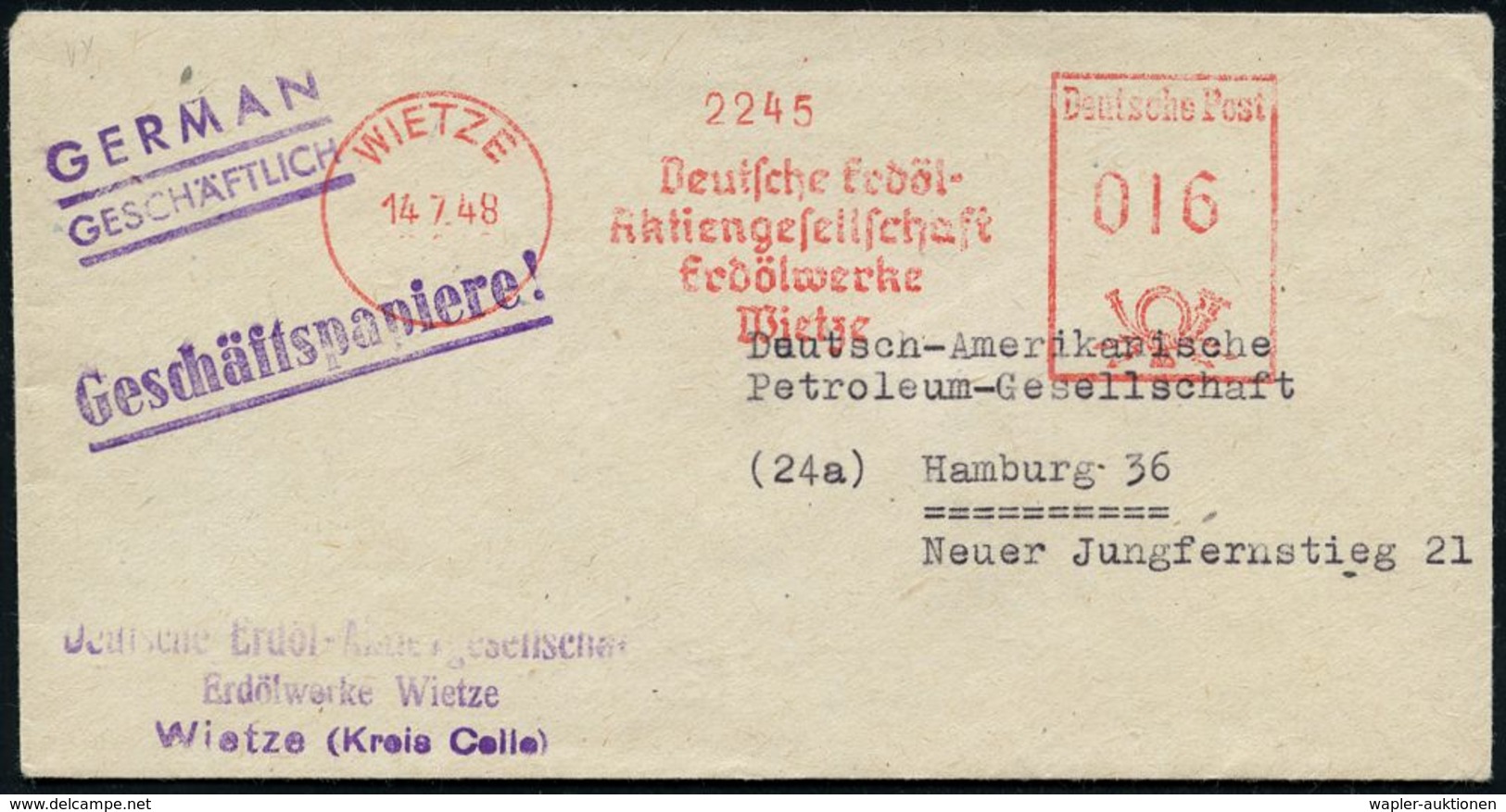 ERDÖL / PROSPEKTIERUNG & GEWINNUNG : WIETZE/ Deutsche Erdöl-/ AK./ Erdölwerke.. 1948 (14.7.) AFS + Viol. Abs.-4L , Klein - Pétrole