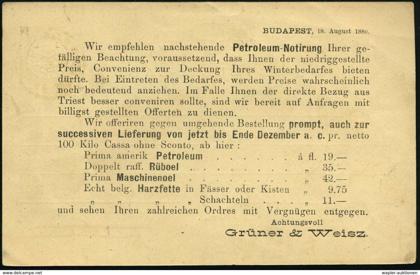 ERDÖL / PROSPEKTIERUNG & GEWINNUNG : UNGARN 1880 (17.8.) Amtl. Inl.-P. 2 F. Braunsrosa, Rs. Reklame-Zudruck: ..Petroleum - Erdöl