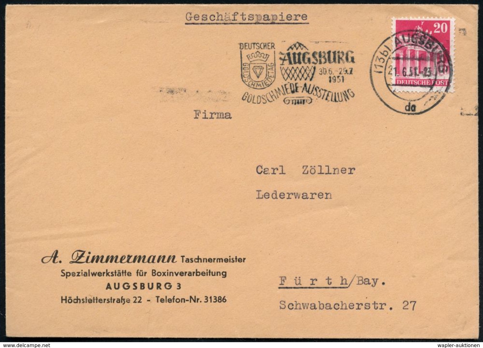 EDELMETALLE: SILBER / GOLD / PLATIN : (13b) AUGSBURG/ Da/ DEUTSCHER/ GOLDSCMIEDETAG/ GOLDSCHMIEDE-AUSSTELLUNG 1951 (12.7 - Altri & Non Classificati