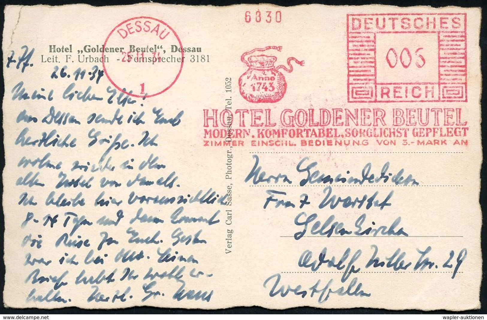 EDELMETALLE: SILBER / GOLD / PLATIN : DESSAU/ 1/ Anno 1743/ HOTEL GOLDENER BEUTEL.. 1934 (25.11.) Seltener AFS = Gold-Be - Autres & Non Classés