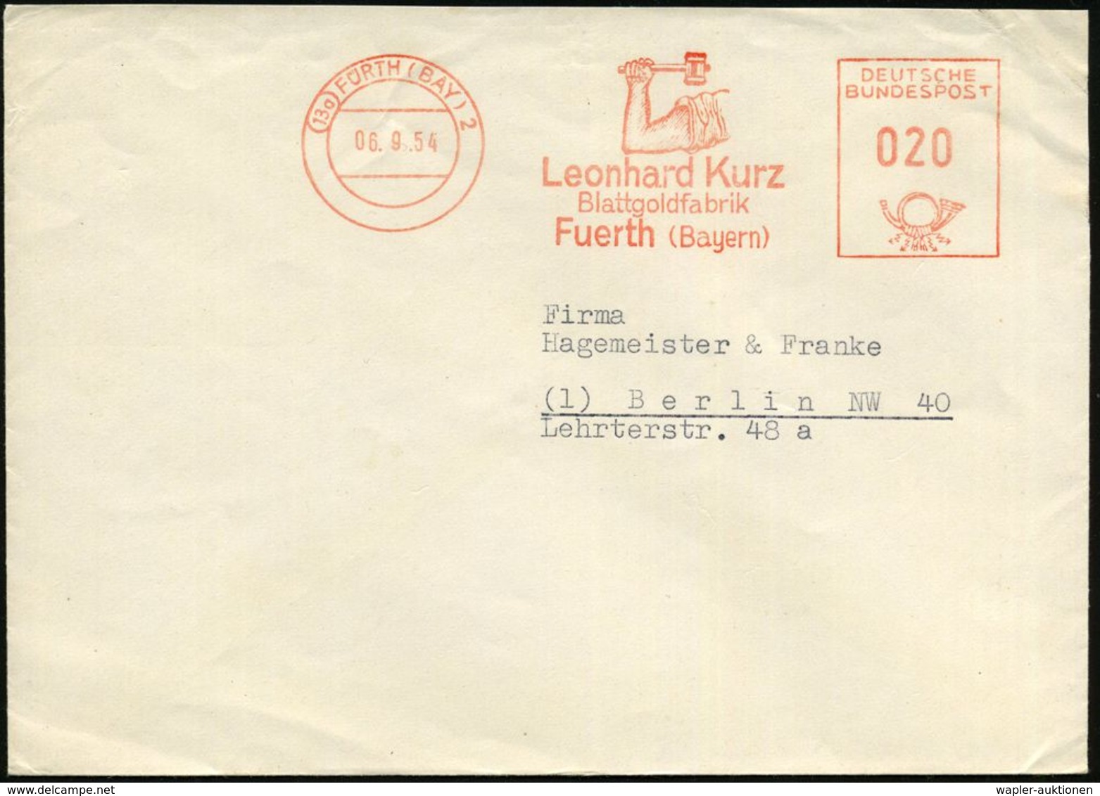 EDELMETALLE: SILBER / GOLD / PLATIN : (13a) FÜRTH (BAY) 2/ Leonhard Kurz/ Blattgoldfabrik 1954 (6.9.) Dekorativer AFS (M - Autres & Non Classés