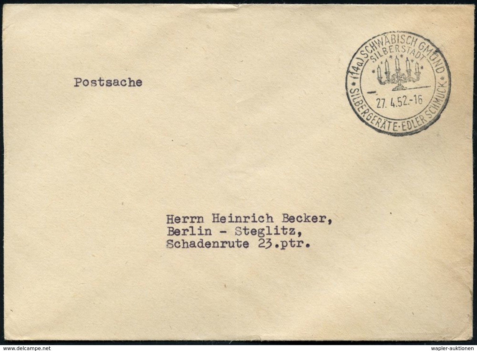 EDELMETALLE: SILBER / GOLD / PLATIN : (14a) SCHWÄBISCH GMÜND/ SILBERSTADT/ SILBERGERÄTE-EDLER SCHMUCK 1952 (27.4.) HWSt  - Autres & Non Classés