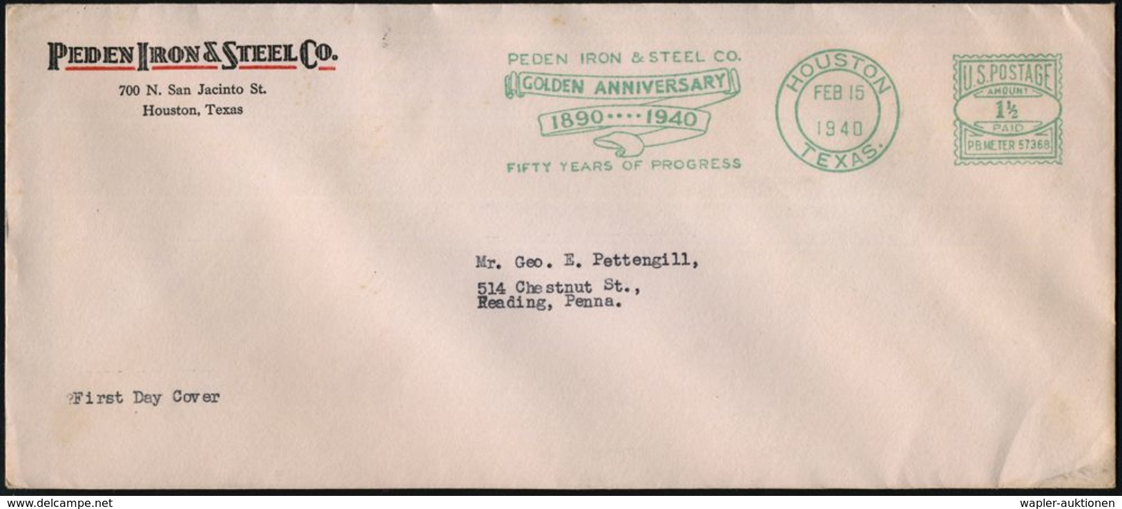 EDELMETALLE: SILBER / GOLD / PLATIN : U.S.A. 1940 (15.2.) Grüner AFS.: HOUSTON/TEXAS/PB.METER %/§&(/PEDEN IRON & STEEL C - Autres & Non Classés