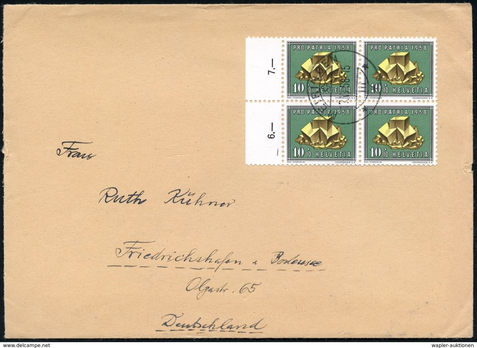 SCHMUCK / EDELSTEINE / DIAMANTEN : SCHWEIZ 1958 (7.6.) 10 + 10 C. Pyrit, Reine MeF: Rand-4er-Block , Sauber Gest. Ausl.- - Other & Unclassified