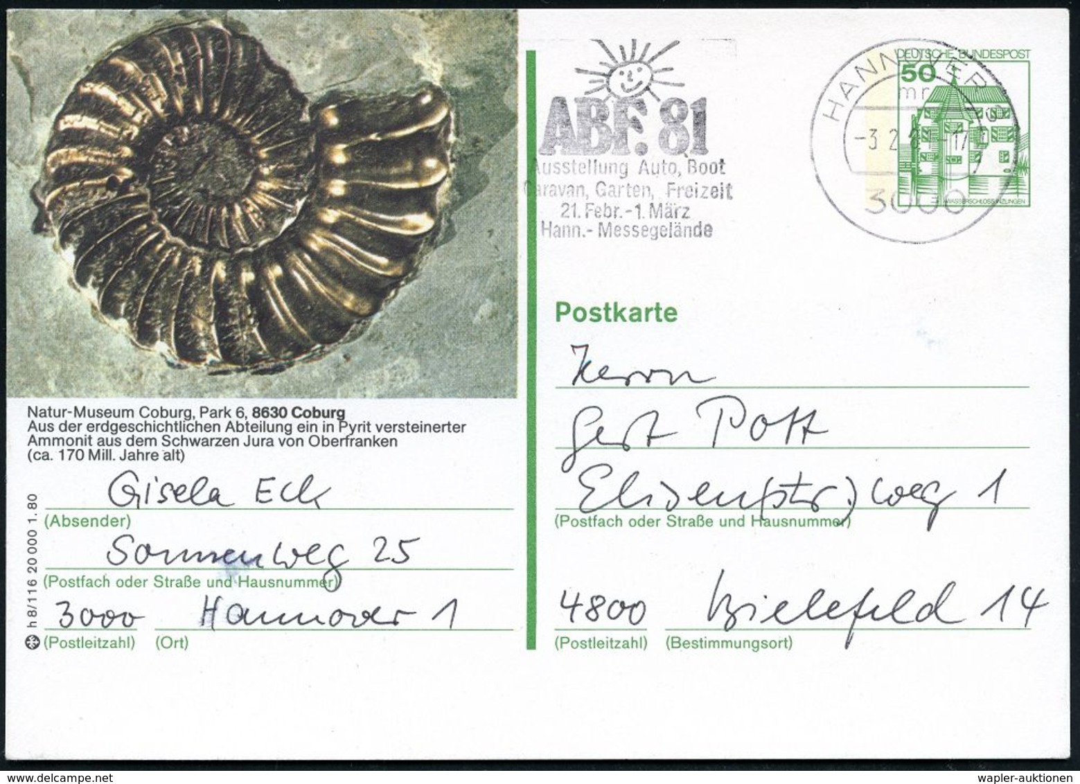 PALÄONTOLOGIE / SAURIER / AUSGESTORBENE TIERE : 8630 Coburg 1981 (3.2.) 50 Pf. BiP Burgen, Grün: Natur-Museum Coburg.. V - Autres & Non Classés