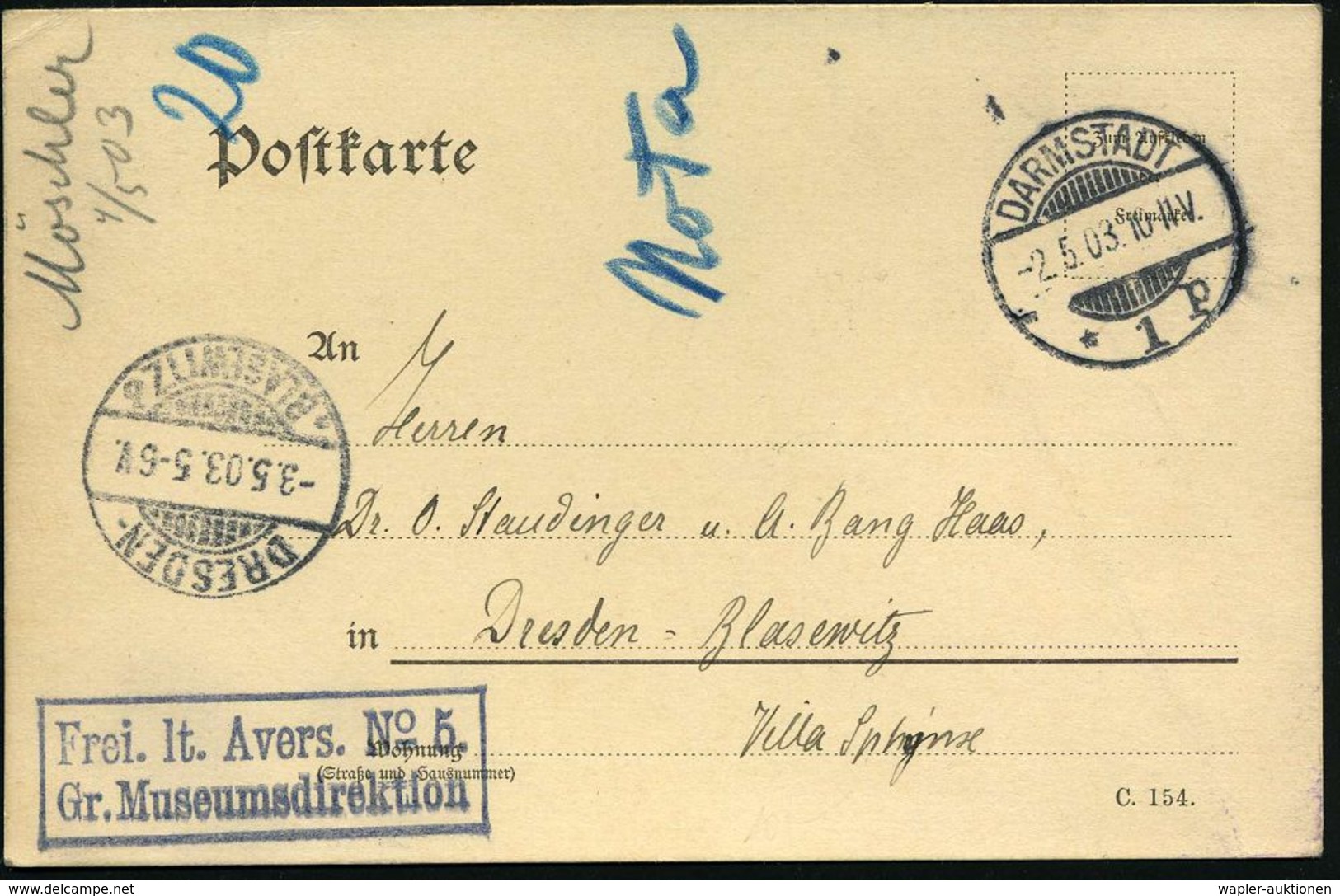 PALÄONTOLOGIE / SAURIER / AUSGESTORBENE TIERE : DARMSTADT/ *1p 1903 (2.5.) 1K-Gitter + Ra2: Frei Lt. Avers. No.5 /Gr. Mu - Sonstige & Ohne Zuordnung