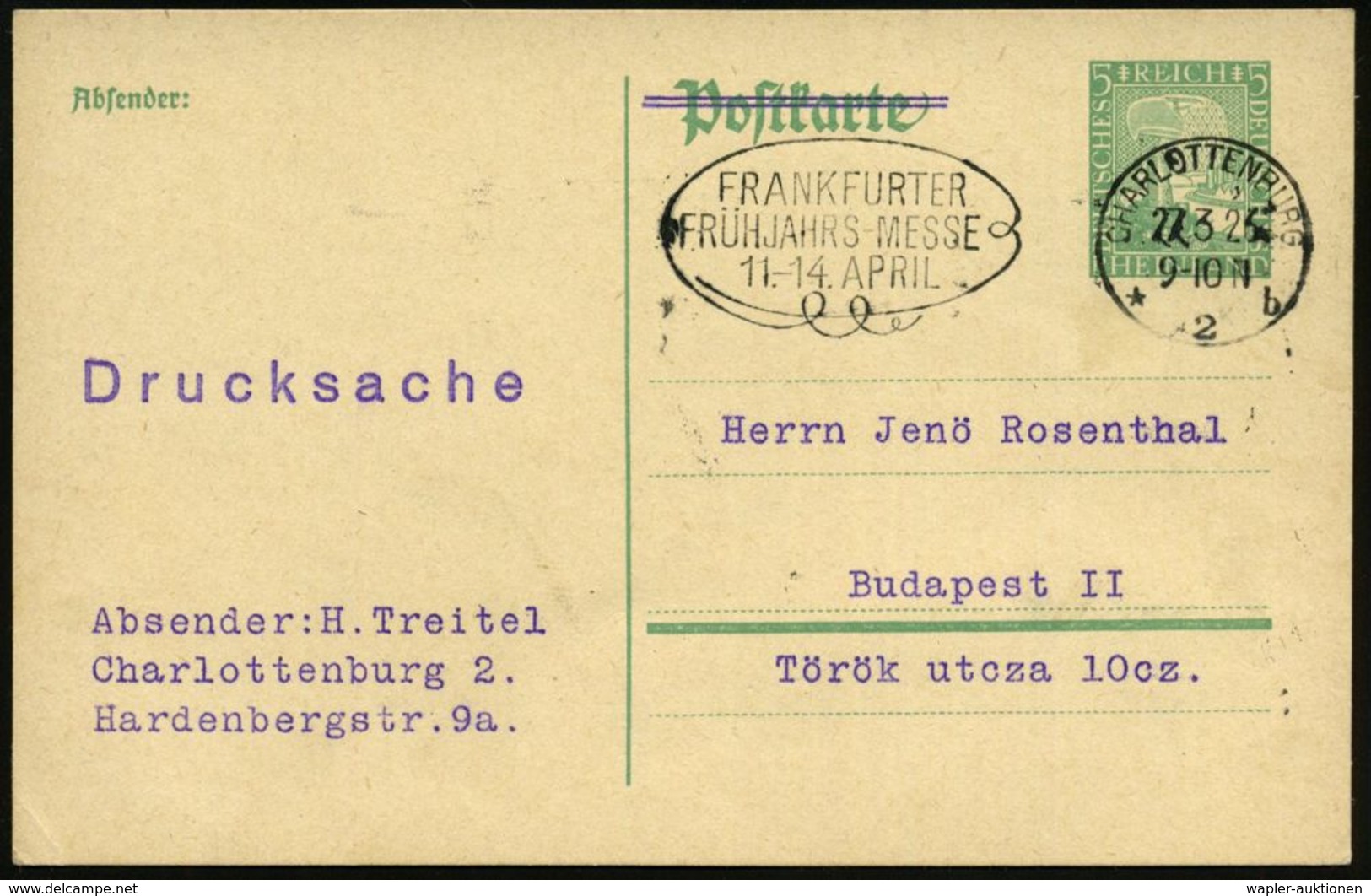INTERNATIONALE FRANKFURTER MESSE (F.I.M.) : Berlin-Charlottenbg. 1925 (27.3.) MWSt: CHARLOTTENBURG/*2b/FRANKFURTER/FRÜHJ - Ohne Zuordnung