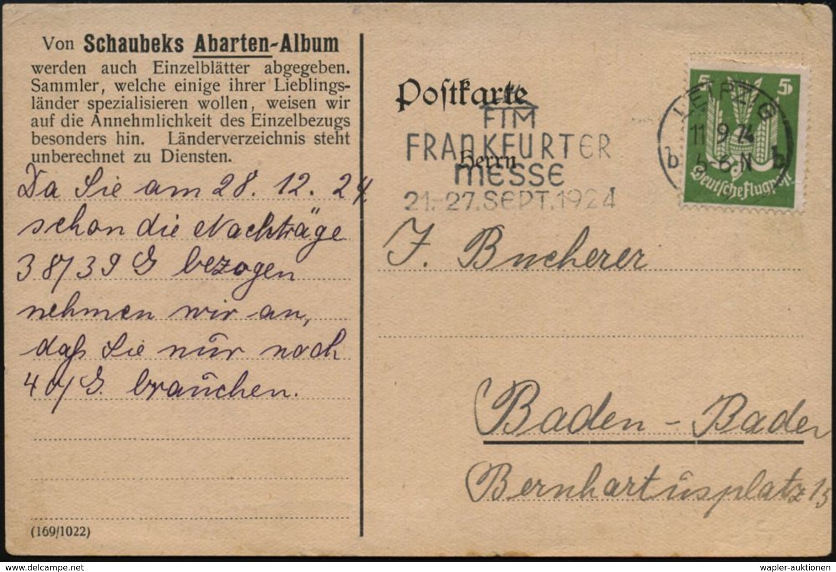 INTERNATIONALE FRANKFURTER MESSE (F.I.M.) : LEIPZIG/ B2b/ FIM/ FRANKFURTER/ MESSE/ 21.-27.SEPT. 1924 (11.9.) MWSt (Merku - Non Classés