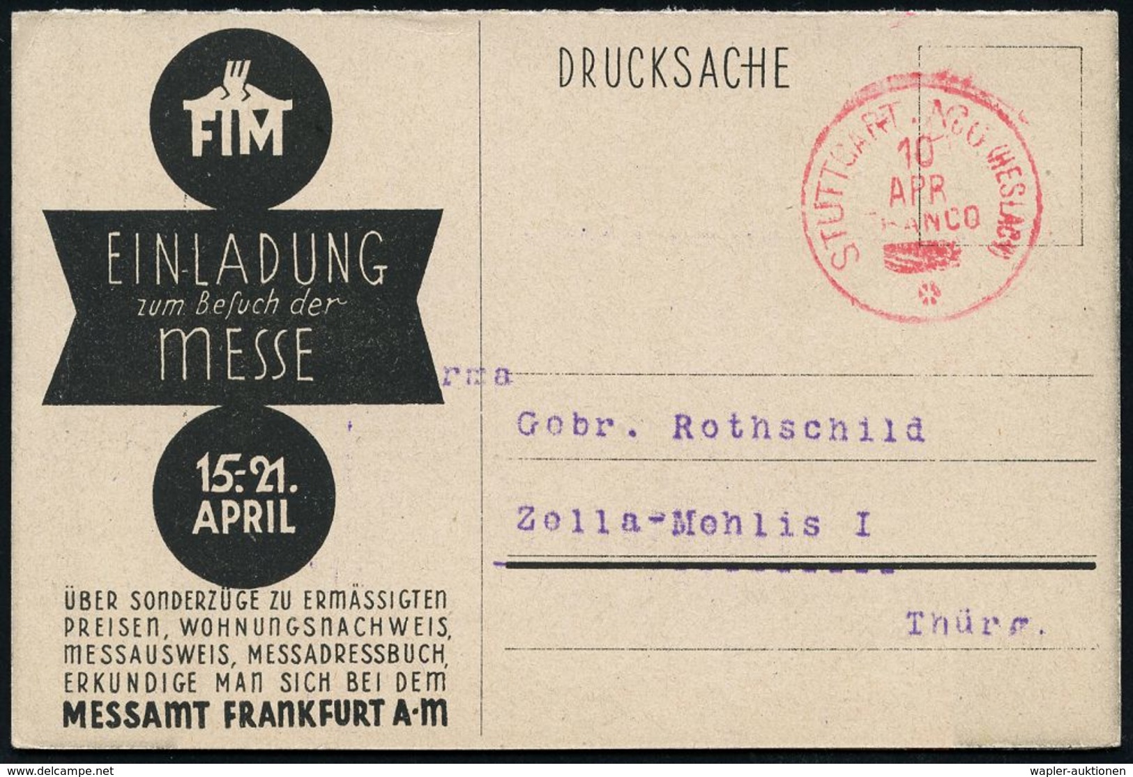 INTERNATIONALE FRANKFURTER MESSE (F.I.M.) : STUTTGART No.6 (HESSLACH)/ FRANCO/ * 1923 (10.4.) 1K-PFS Mit Geblockter Wert - Ohne Zuordnung