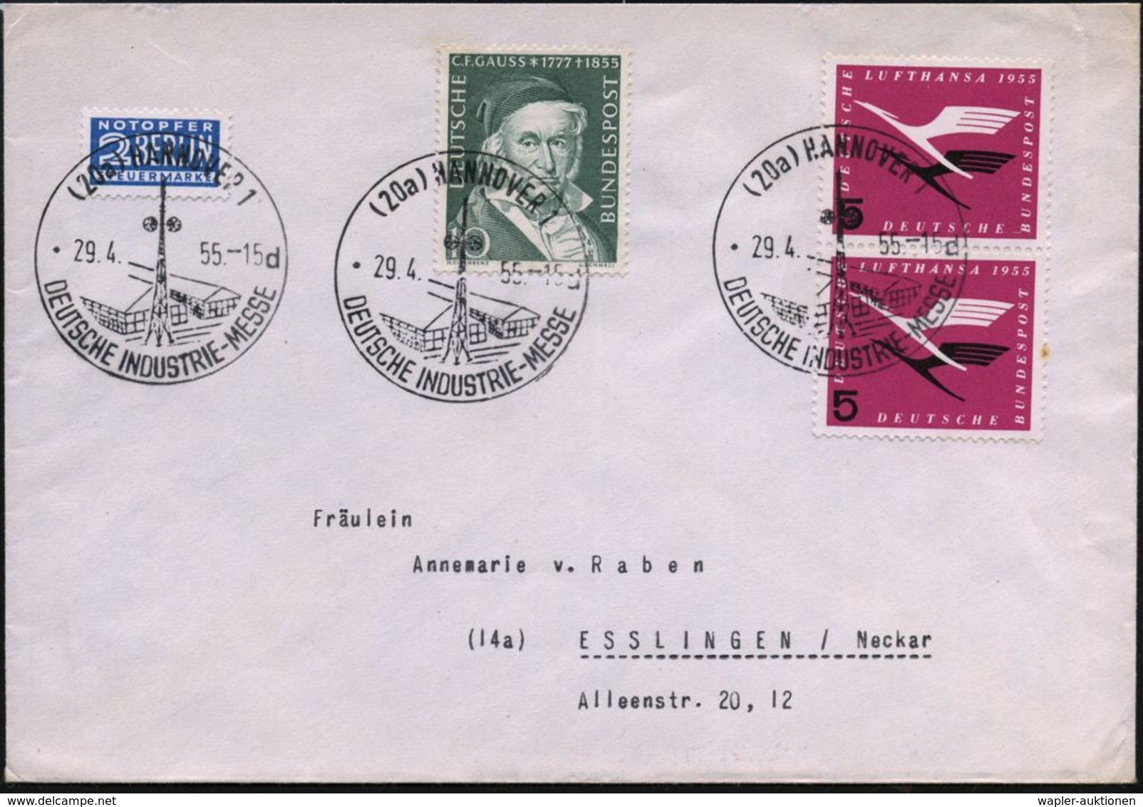 INTERNATIONALE MESSE HANNOVER : (20a) HANNOVER 1/ *d/ DEUTSCHE INDUSTRIE-MESSE 1955 (29.4.) SSt (Funkturm/Hallen) 3 X  K - Non Classificati