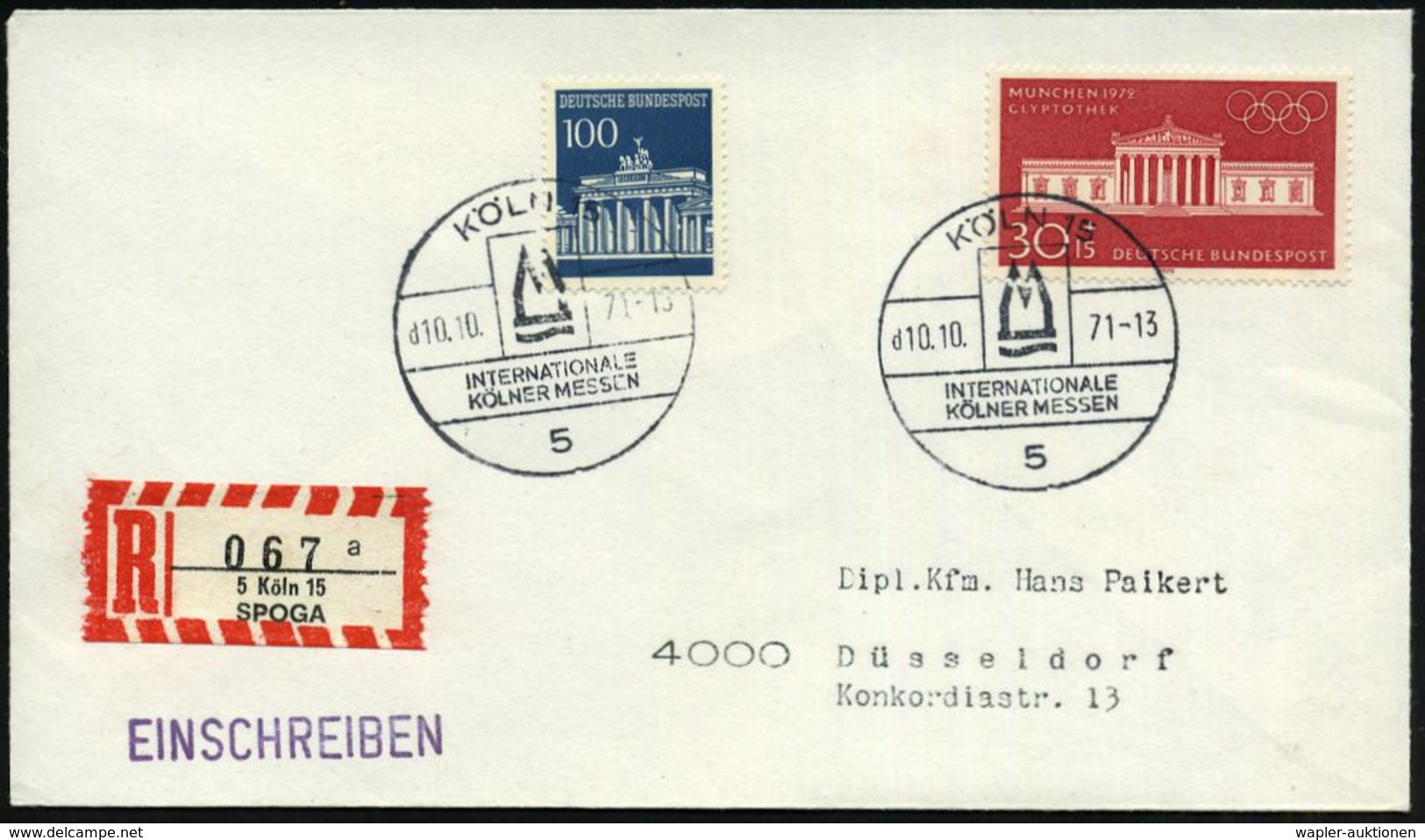 INTERNATIONALE MESSE KÖLN : 5 KÖLN 15/ INT./ KÖLNER MESSEN 1971 (Okt.) SSt + Sonder-RZ: 5 Köln 15/ S P O G A/ A (NEZ.Nr. - Ohne Zuordnung