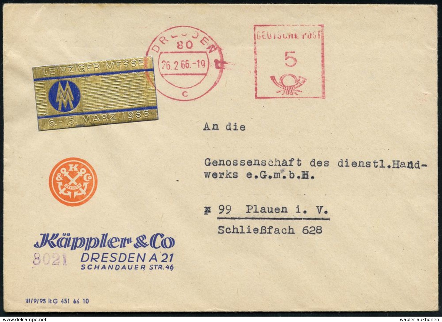 INTERNATIONALE LEIPZIGER MUSTERMESSE (MM) : 80 DRESDEN/ C/ DEUTSCHE POST 1966 (26.2.) PFS 5 Pf.auf Goldener Reklame-Vign - Ohne Zuordnung