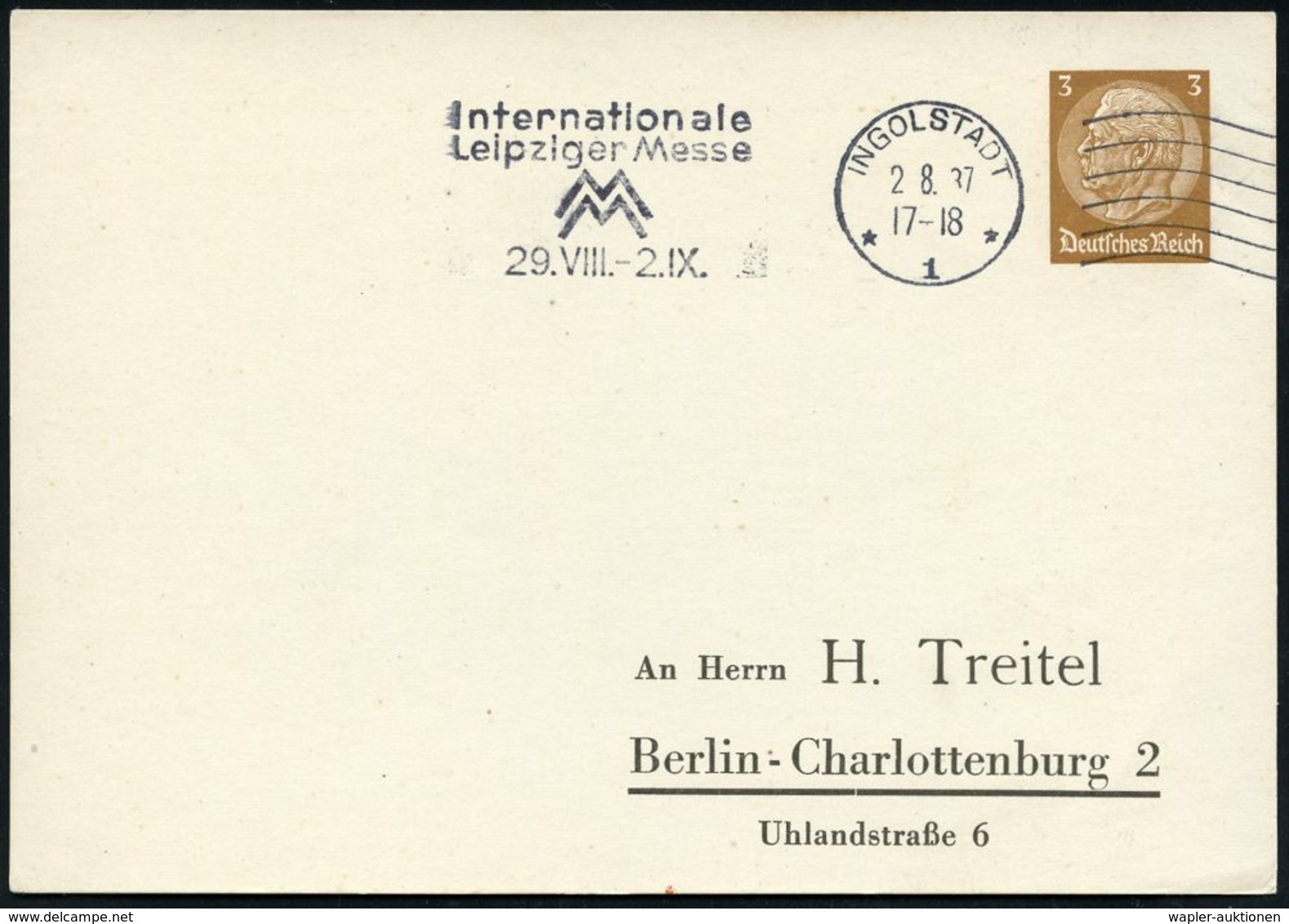 INTERNATIONALE LEIPZIGER MUSTERMESSE (MM) : INGOLSTADT/ *1*/ Int./ Leipziger Messe/ MM/ 29.VIII.-2.IX. 1937 (2.8.) MWSt  - Unclassified