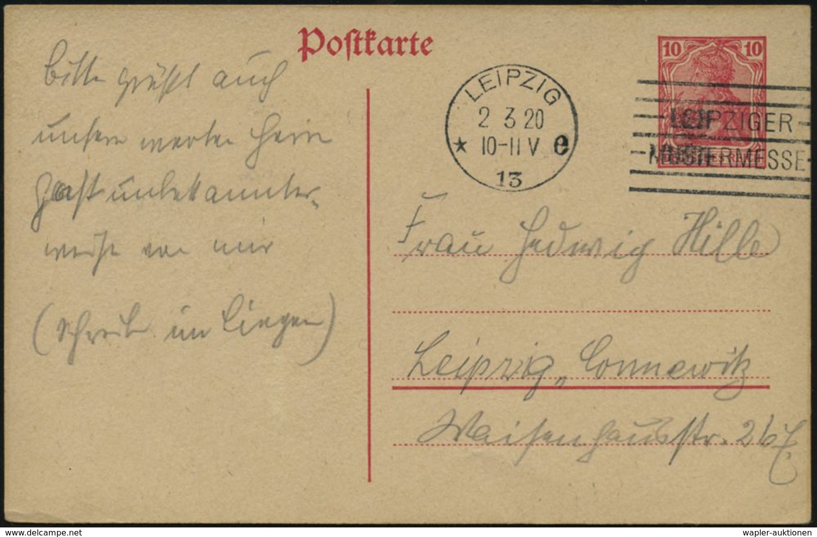 INTERNATIONALE LEIPZIGER MUSTERMESSE (MM) : LEIPZIG/ *13e/ LEIPZIGER/ MUSTERMESSE 1920 (2.3.) Seltener MWSt Klar Bedrafs - Unclassified