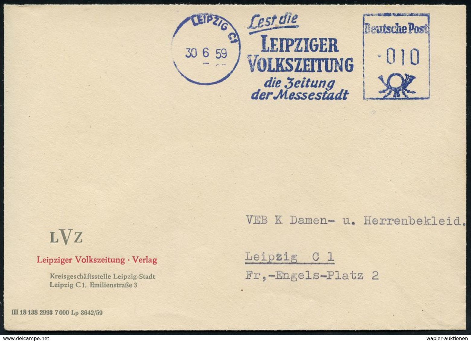 INTERNATIONALE LEIPZIGER MUSTERMESSE (MM) : LEIPZIG C1/ ..LEIPZIGER/ VOLKSZEITUNG/ Die Zeitung/ Der Messestadt 1959 (8.7 - Non Classés