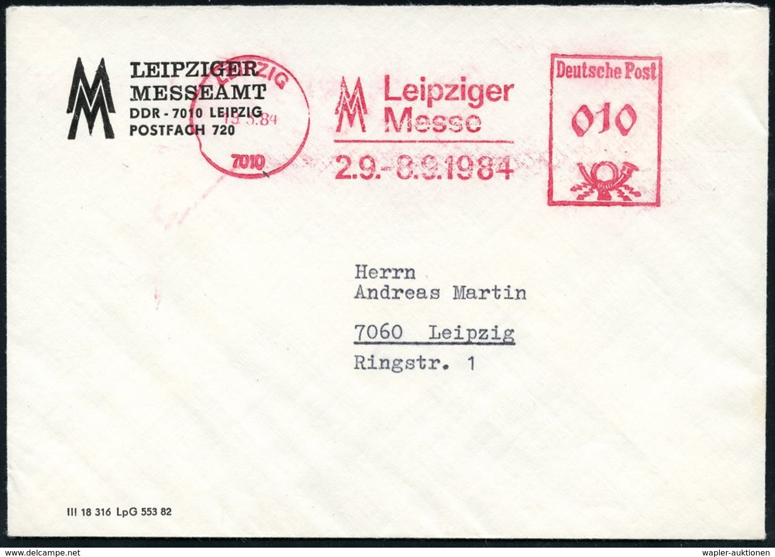 INTERNATIONALE LEIPZIGER MUSTERMESSE (MM) : 7010 LEIPZIG/ MM/ Leipziger/ Messe/ 2.9.-3.9. 1984 (19.3.) AFS Auf Messe-Bf. - Unclassified