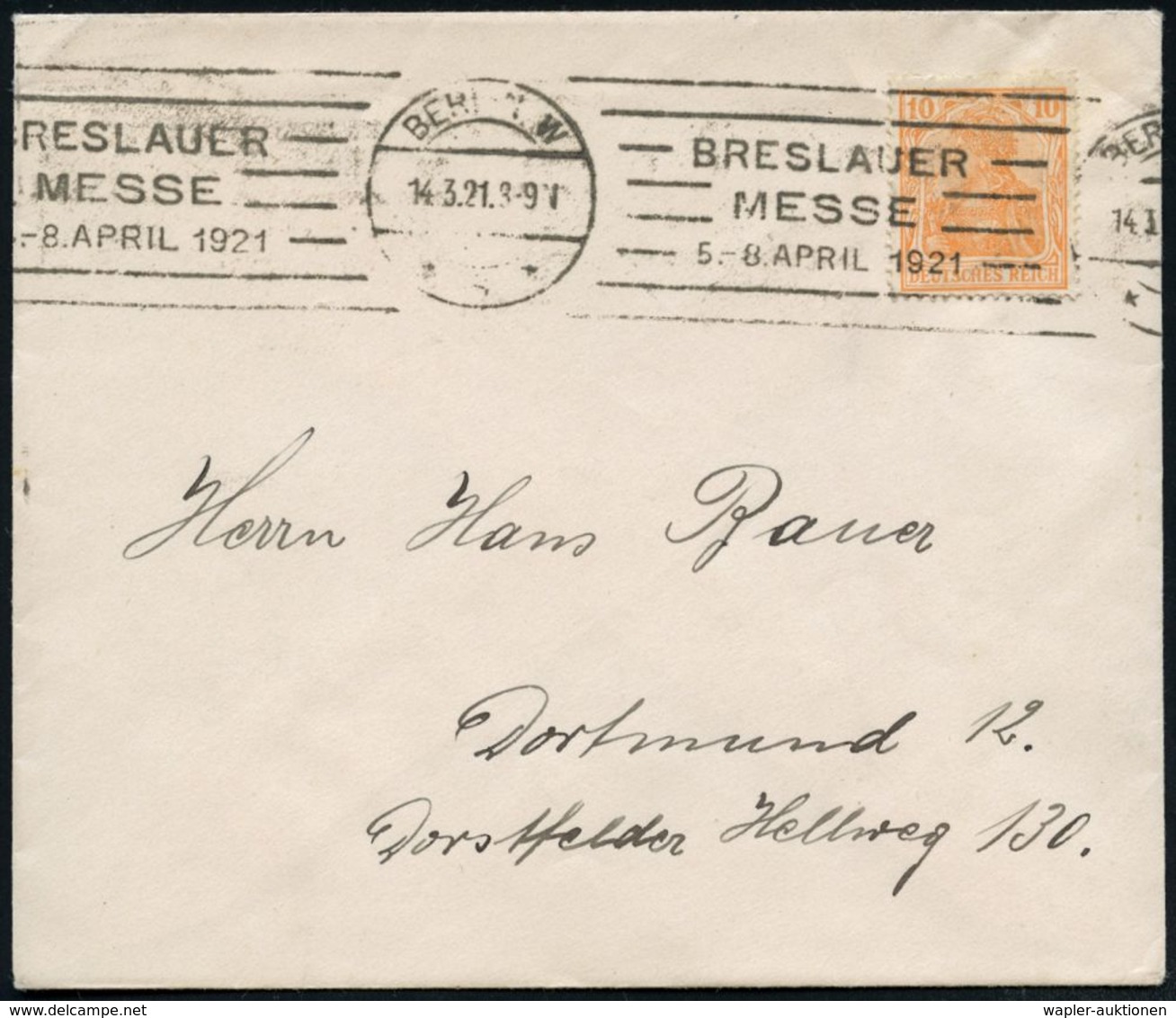 INTERNATIONALE IN- & AUSLANDS-MESSEN : BERLIN W/ *8*/ BRESLAUER/ MESSE/ 5.-8.APRIL 1921 (14.3.) BdMWSt Auf Kleinem Bedar - Non Classés