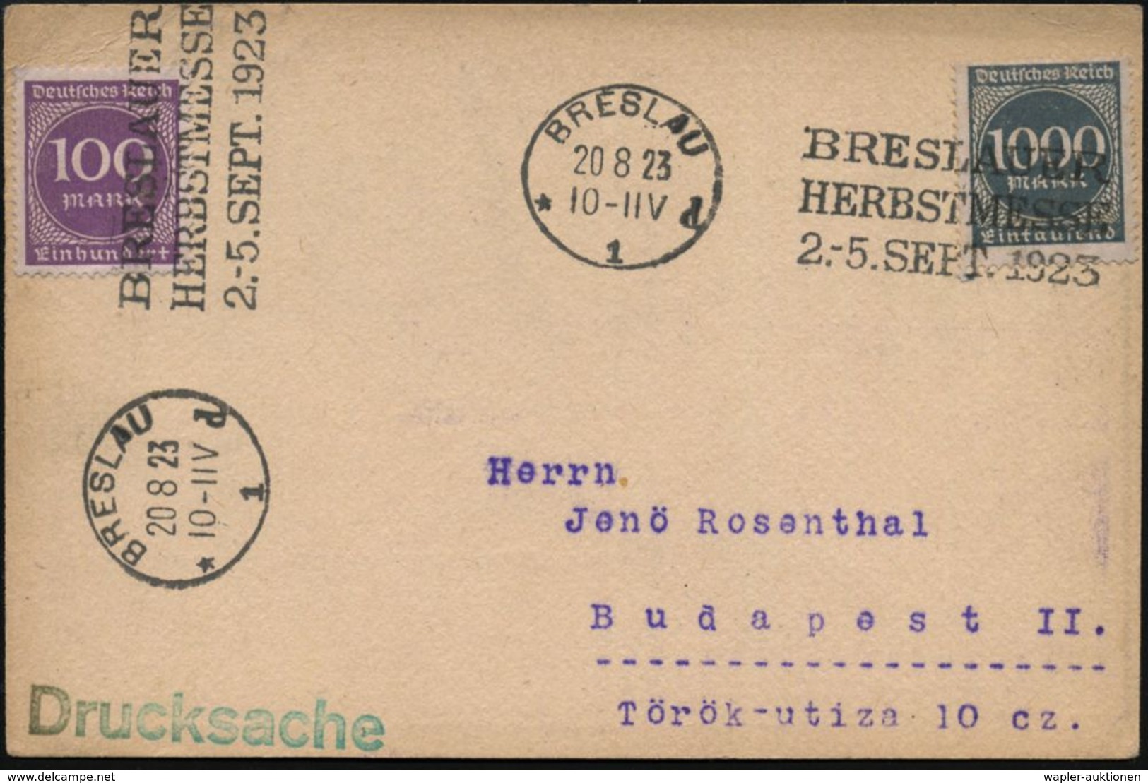 INTERNATIONALE IN- & AUSLANDS-MESSEN : BRESLAU/ *1d/ BRESLAUER/ HERBSTMESSE/ 2.-5.SEPT. 1923 (20.8.) Seltener MWSt 2x Kl - Ohne Zuordnung