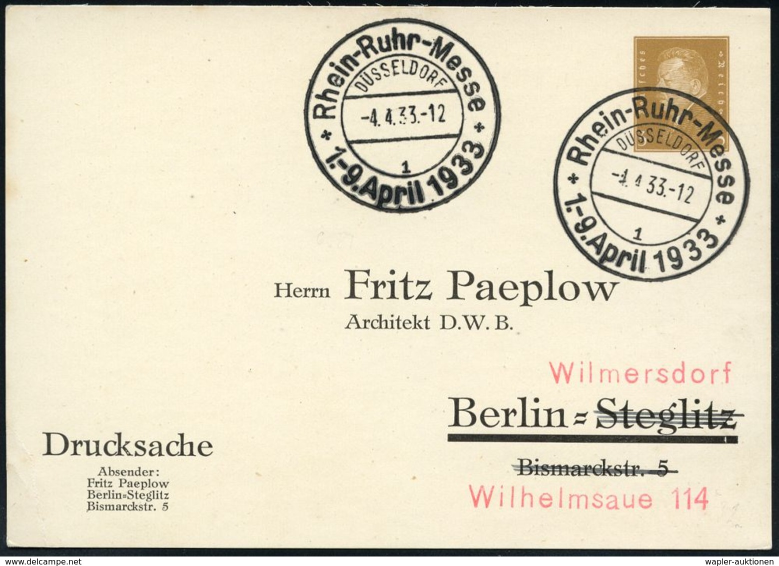 INTERNATIONALE IN- & AUSLANDS-MESSEN : DÜSSELDORF/ 1/ Rhein-Ruhr-Messe/ 1.-9.April 1933 (4.4.) Seltener SSt = Gastronomi - Non Classificati