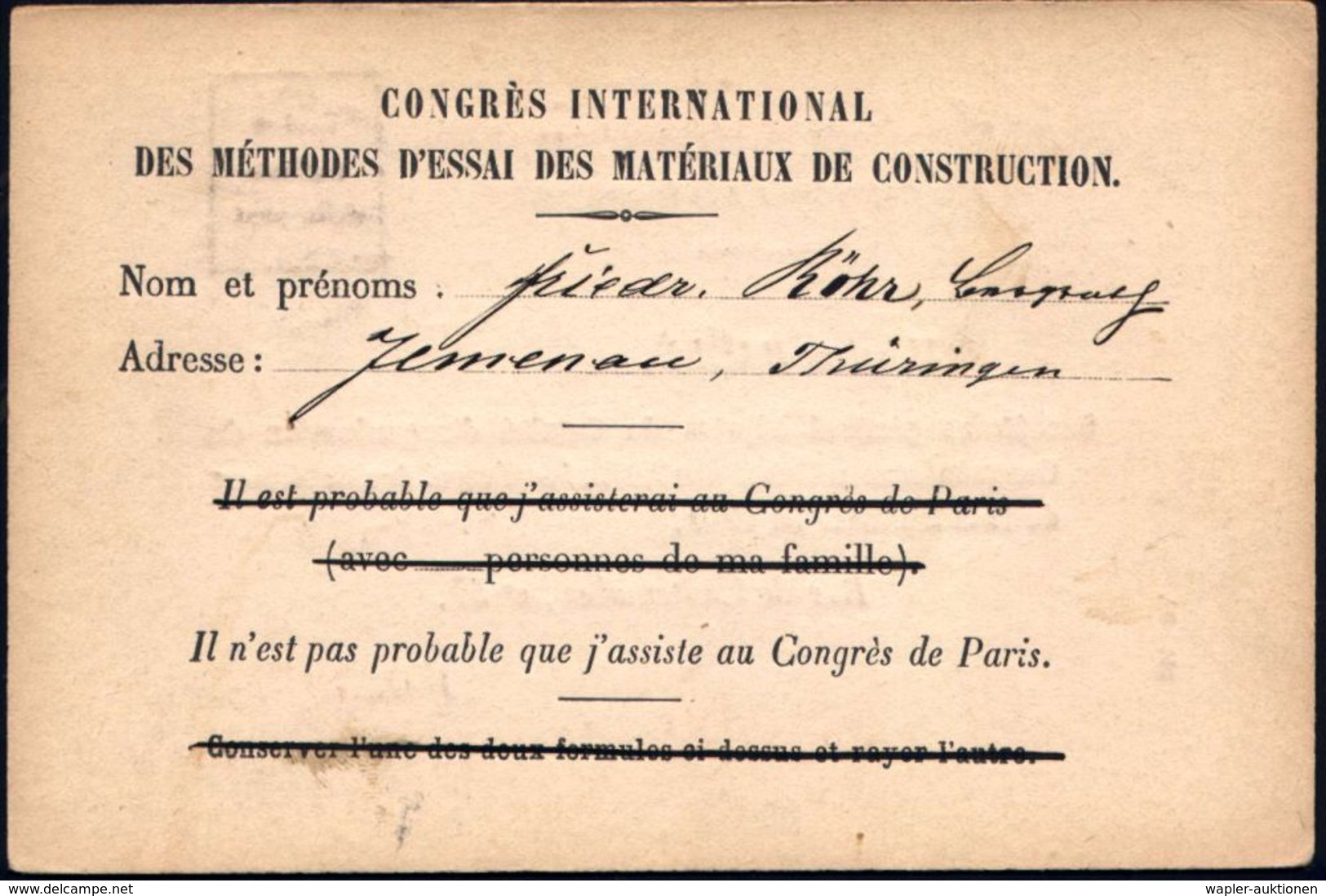 INTERNATIONALE ORGANISATIONEN & KONGRESSE : ILMENAU/ **a 1899 (23.11.) 1K-Gitter Auf Vordr.-Kt.: Congrès Internationale  - Other & Unclassified