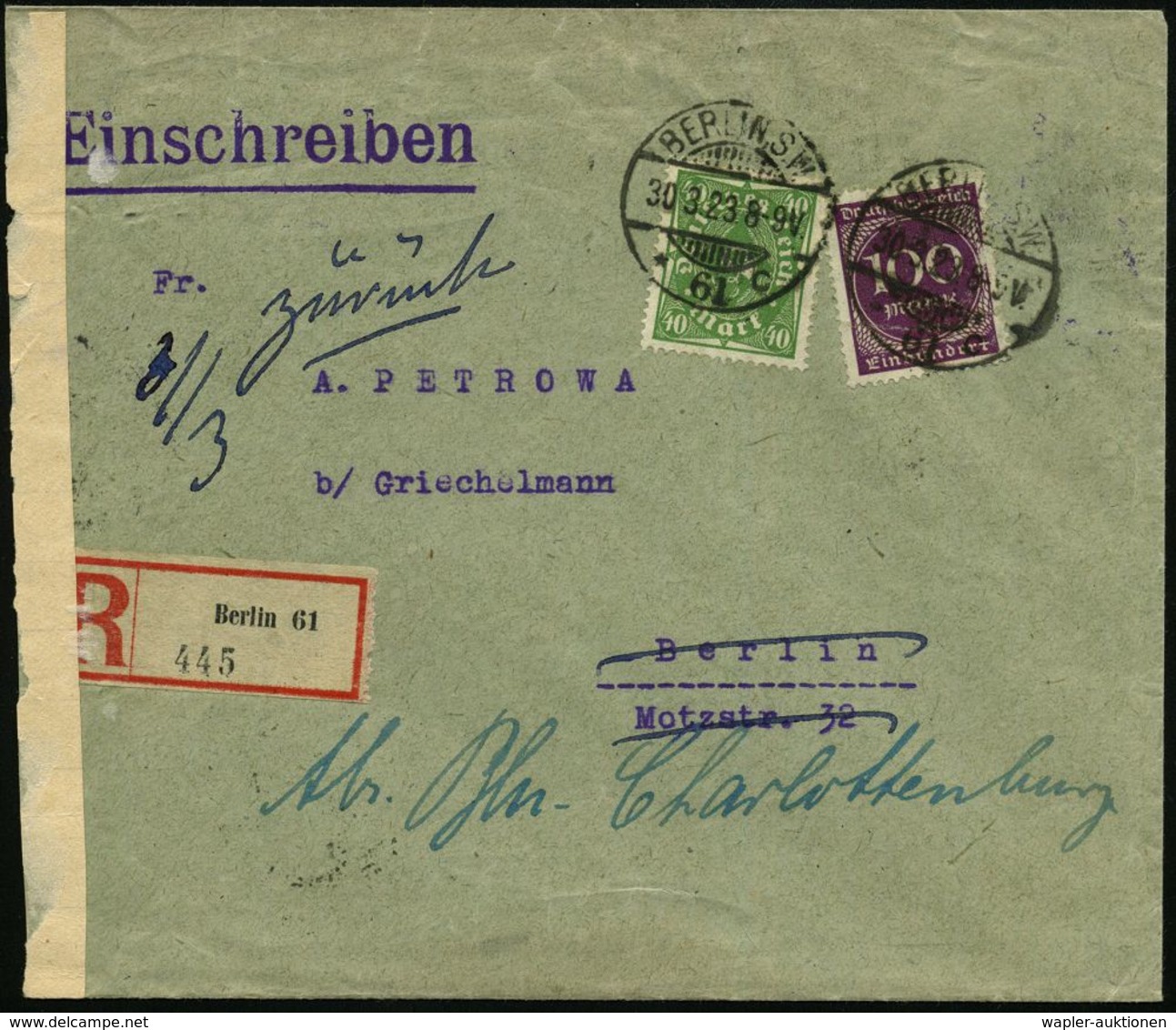 JUDAICA / JÜDISCHE GESCHICHTE / ZIONISMUS : BERLIN,S.W./ *61c 1923 (30.3.) 1K-Gitter Auf Infla-Frankatur 140 Mk. (1 Mke. - Judaisme