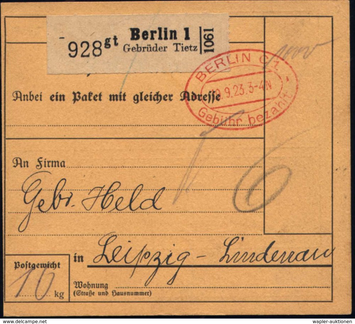 JUDAICA / JÜDISCHE GESCHICHTE / ZIONISMUS : BERLIN C1/ *Gebühr Bezahlt* 1923 (19.9.) Oval-PFS + Selbstbucher-Paketzettel - Judaika, Judentum