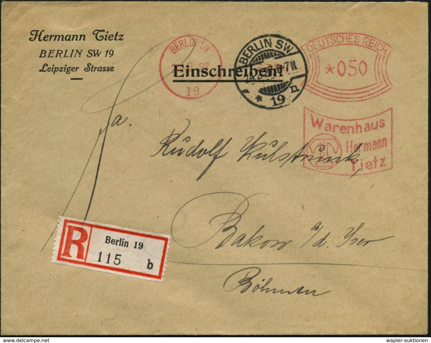 JUDAICA / JÜDISCHE GESCHICHTE / ZIONISMUS : BERLIN SW/ 19/ Warenhaus/ Hermann/ Tietz 1927 (24.2.) AFS 050 Pf. (Monogr.-L - Jewish