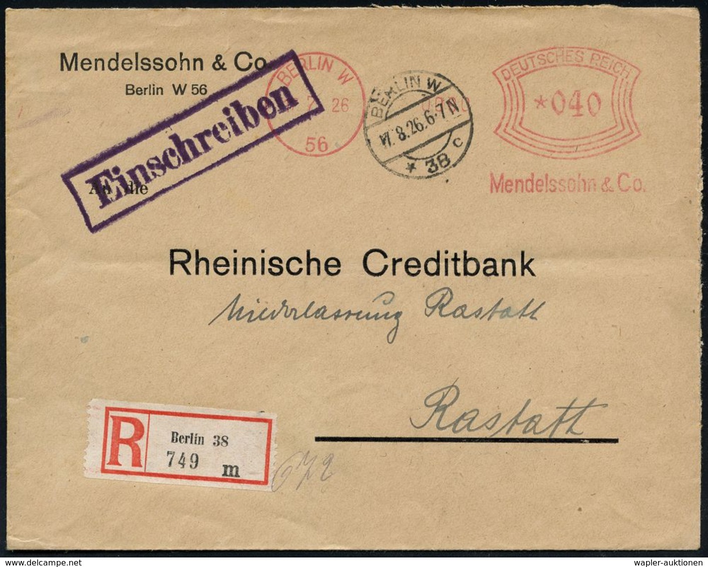 JUDAICA / JÜDISCHE GESCHICHTE / ZIONISMUS : BERLIN W/ 56/ Mendelssohn & Co. 1926 (17.7.) AFS 045 Pf. + 1K-Brücke: BERLIN - Judaisme