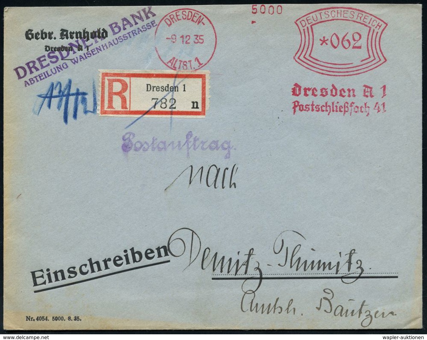 JUDAICA / JÜDISCHE GESCHICHTE / ZIONISMUS : DRESDEN-/ ALTST.1/ Dresden A 1/ Postschließfach 41 1935 (9.12.) Seltener, An - Judaisme