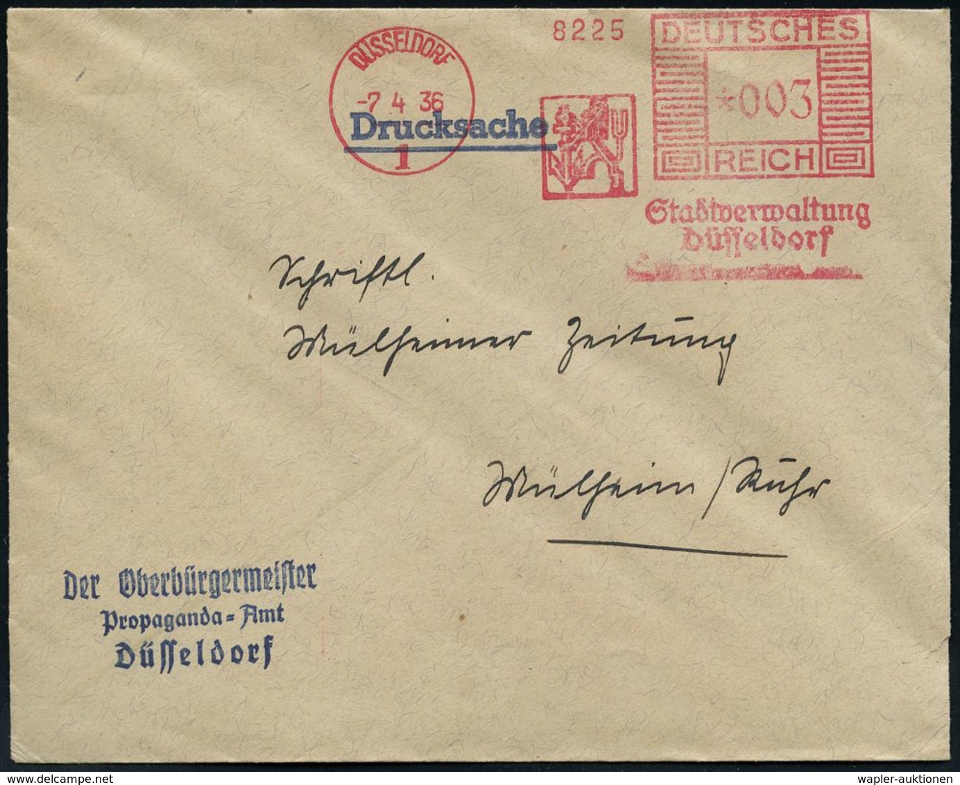 JUDAICA / JÜDISCHE GESCHICHTE / ZIONISMUS : DÜSSELDORF/ 1/ Stadtverwaltung/ Düsseldorf 1936 (7.4.) Aptierter AFS = Insch - Judaisme