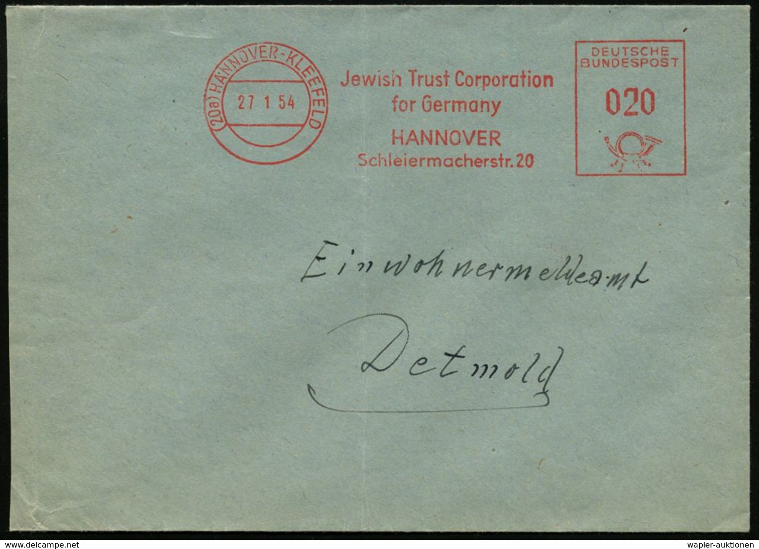 JUDAICA / JÜDISCHE GESCHICHTE / ZIONISMUS : (20a) HANNOVER-KLEEFELD/ Jewish Trust Corporation/ For Germany.. 1954 (27.1. - Guidaismo