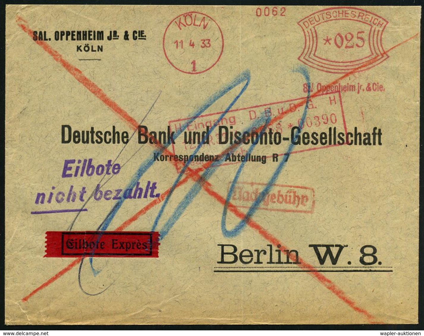 JUDAICA / JÜDISCHE GESCHICHTE / ZIONISMUS : KÖLN/ 1/ Sal.Oppenheim Jr. & Cie. 1933 (11.4.) AFS 025 Pf. = Deutsch-jüdisch - Judaisme