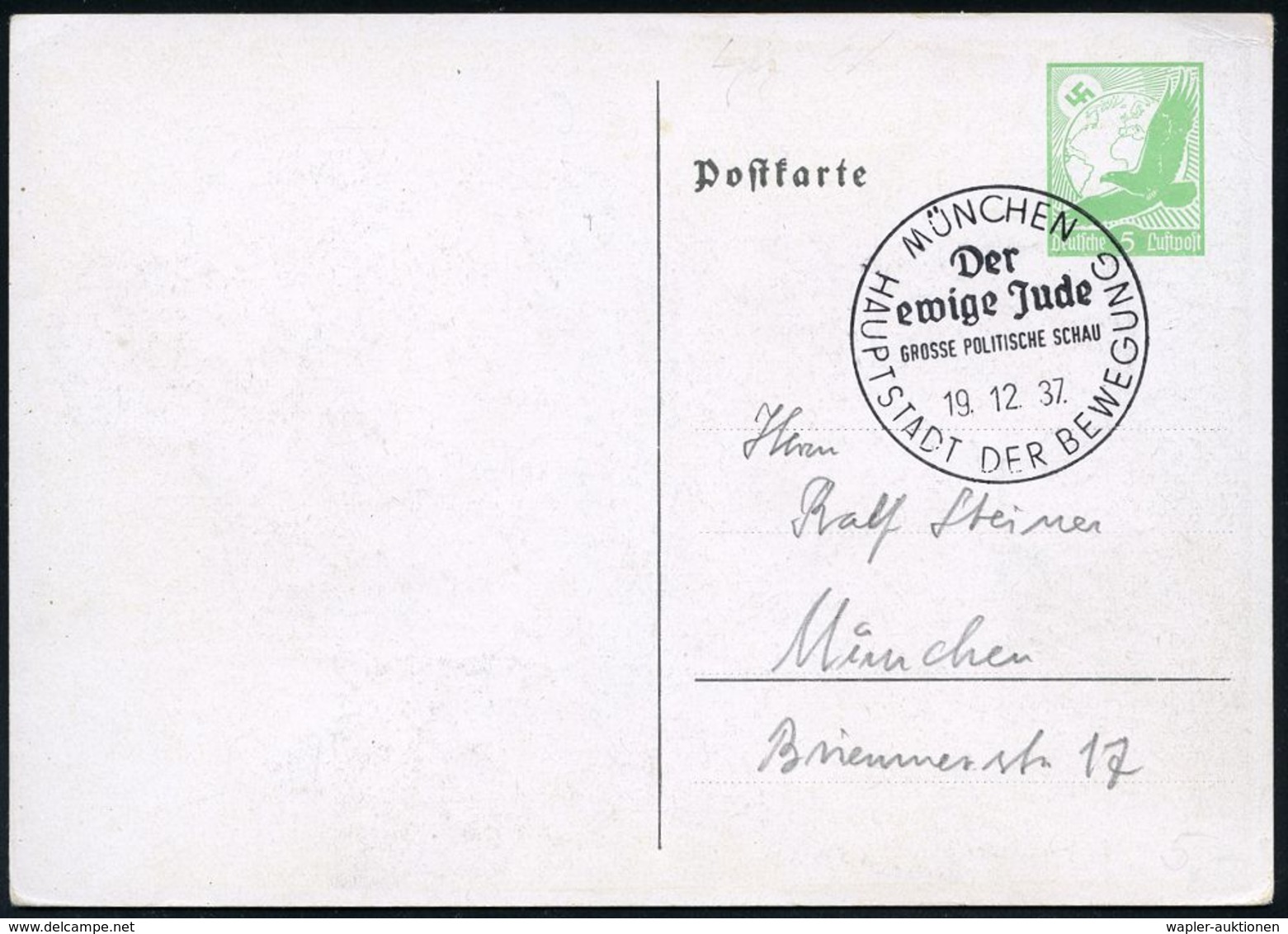 JUDAICA / JÜDISCHE GESCHICHTE / ZIONISMUS : MÜNCHEN/ HDB/ Der/ Ewige Jude/ GR. POLITISCHE SCHAU 1937 (19.12.) SSt Auf PP - Judaisme