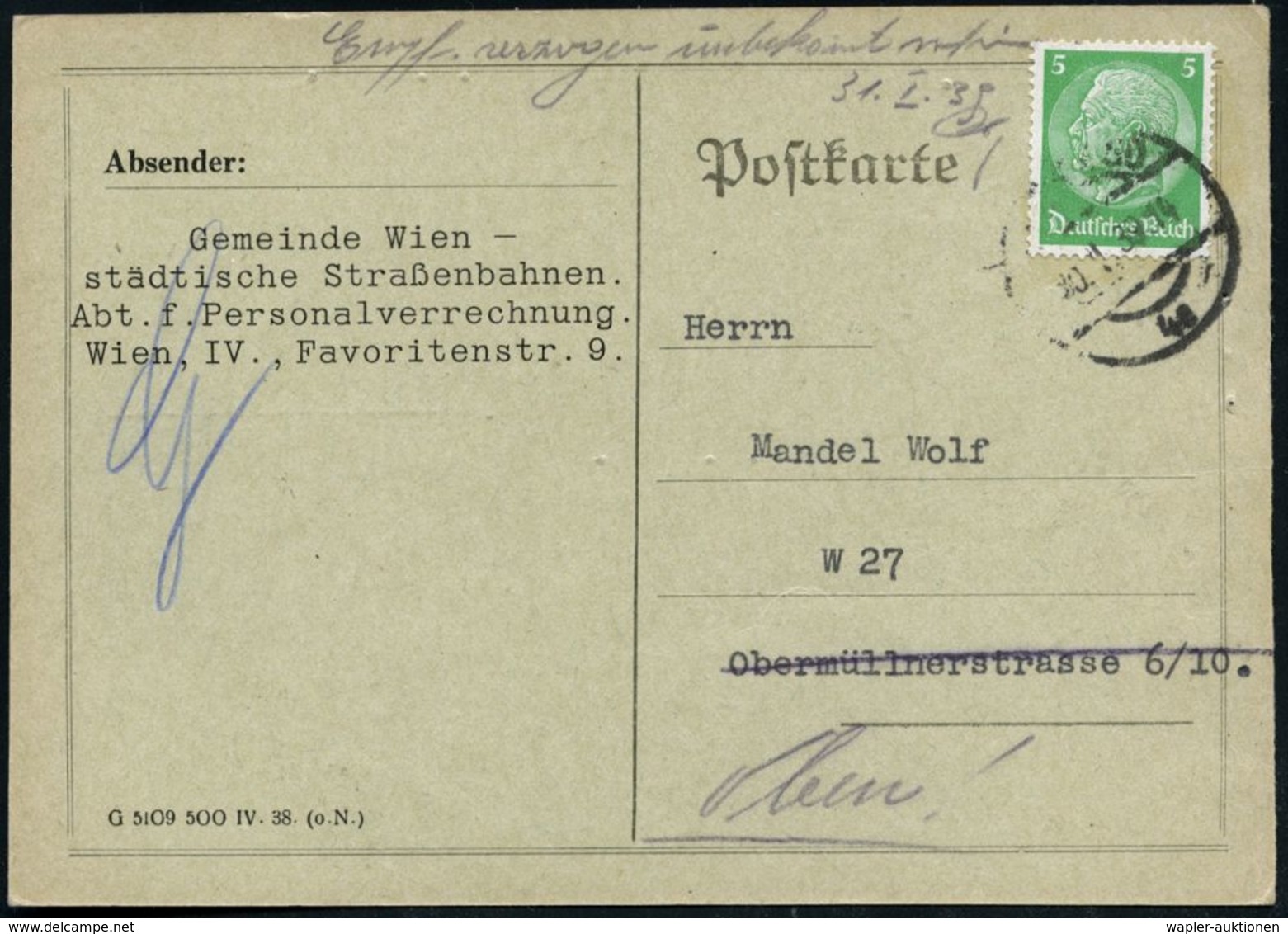 JUDAICA / JÜDISCHE GESCHICHTE / ZIONISMUS : Wien 50 1939 (30.1.) 5 Pf. Hindenbg., Grün Auf Dienst-Kt.: Gemeinde Wien, St - Judaisme