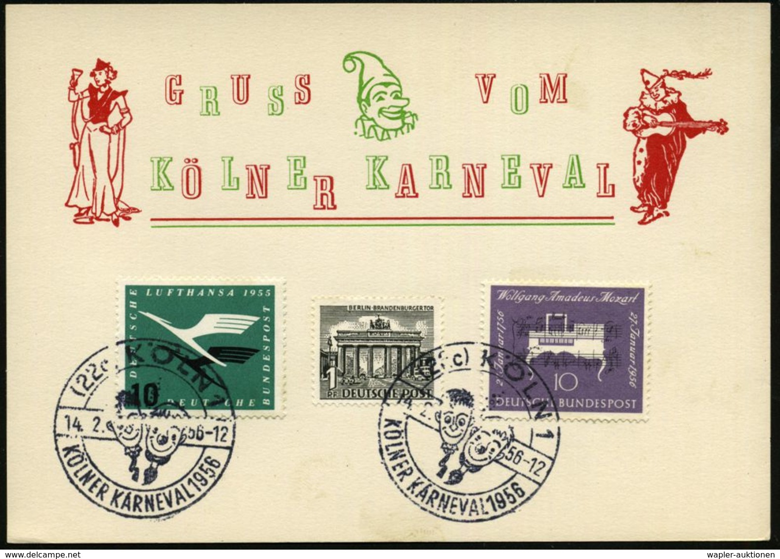 KARNEVAL / FASTNACHT / NARREN : (22c) KÖLN 1/ KÖLNER KARNEVAL 1956 (12.2.) SSt = Köpfe Von "Tünnes & Schäl" 2x Klar Auf  - Karnaval