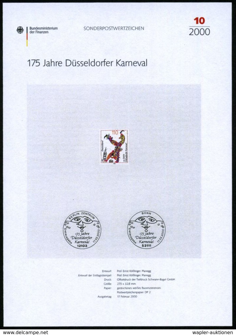KARNEVAL / FASTNACHT / NARREN : B.R.D. 2000 (Febr.) 110 Pf. "175 Jahre Düsseldorfer Karneval" (Radschläger) Mit Amtl. Ha - Carnevale