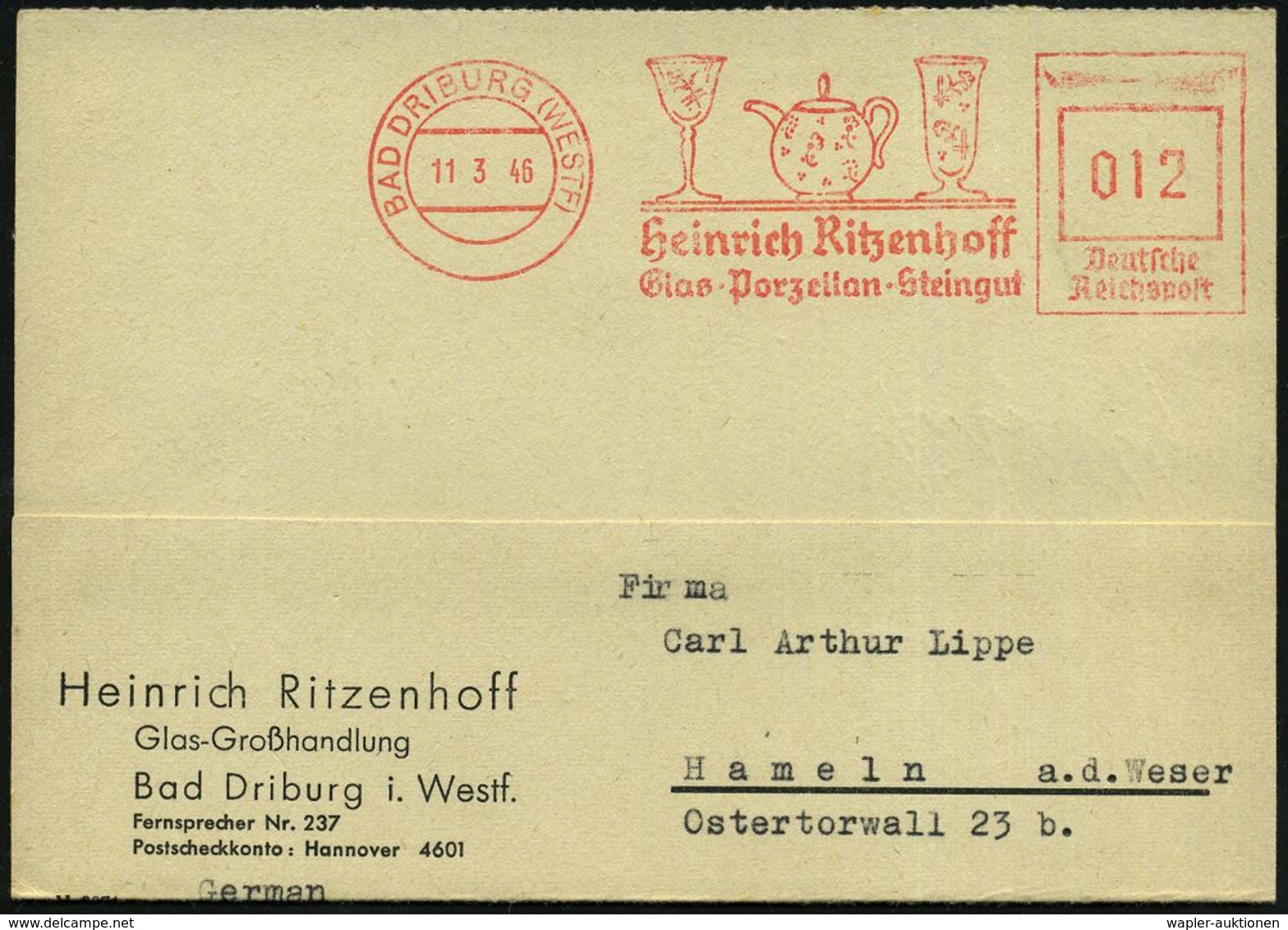 KERAMIK / PORZELLAN / MANUFAKTUREN : BAD DRIBURG (WESTF)/ Heinrich Ritzenhoff/ Glas-Porzellan-Steingut 1946 (11.3.) Apti - Porcelaine