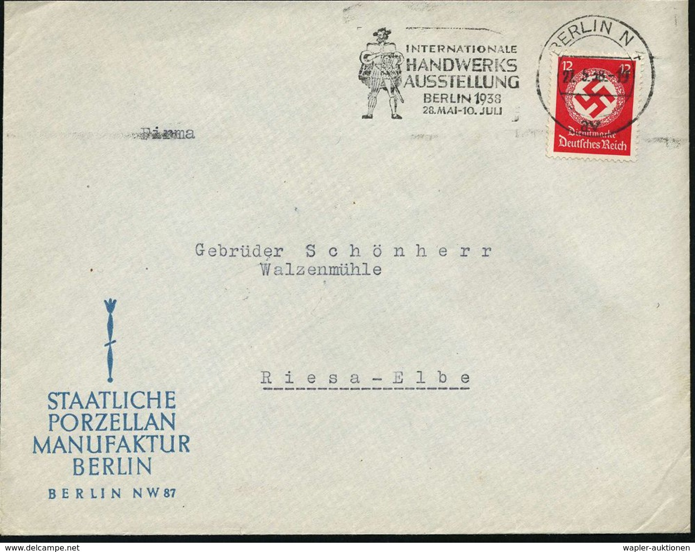 KERAMIK / PORZELLAN / MANUFAKTUREN : BERLIN N4/ Av/ INTERNAT./ HANDWERKS/ AUSSTELLUNG 1938 (27.5.) MWSt Auf EF 12 Dienst - Porzellan