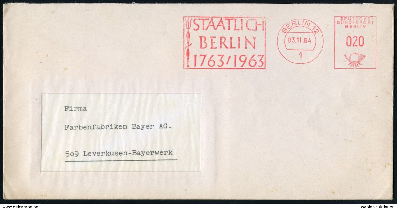 KERAMIK / PORZELLAN / MANUFAKTUREN : 1 BERLIN 12/ STAATLICH/ BERLIN/ 1763-1963 1964 (Nov.) Seltener Jubil.-AFS (Signet)  - Porzellan