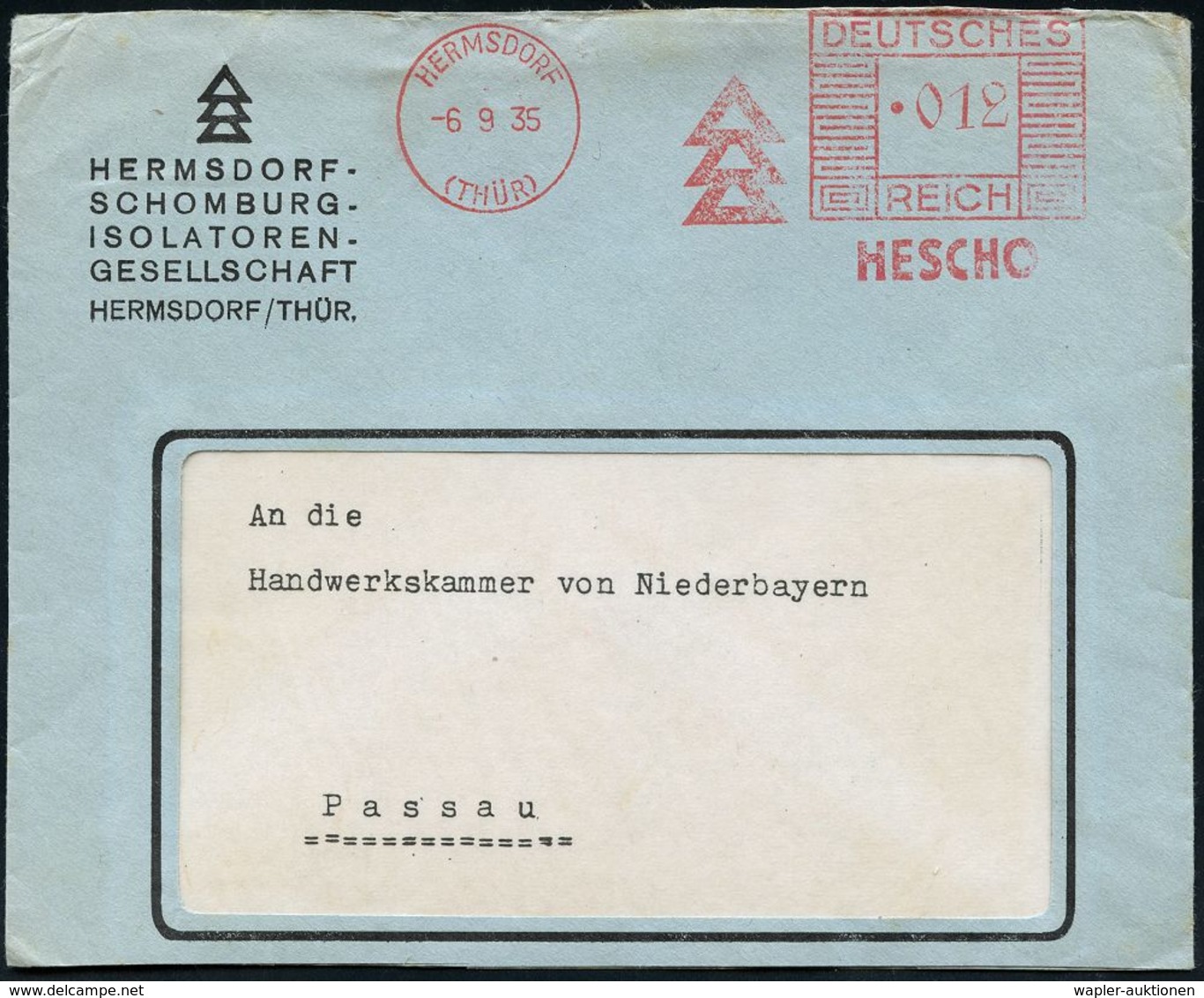 KERAMIK / PORZELLAN / MANUFAKTUREN : HERMSDORF/ (THÜR)/ HESCHO 1942 (29.12.) AFS = Porzellan-Isolator , Motivgl. Firmen- - Porcelaine