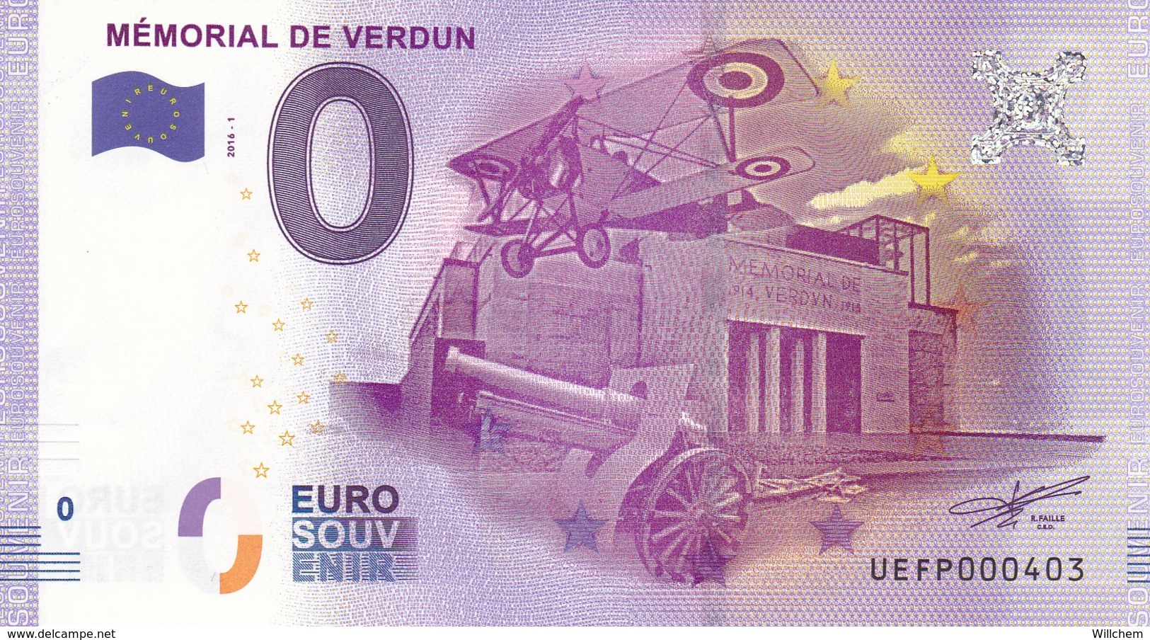 France - Billet Touristique / Souvenir 0 €uro - 2016 / MEMORIAL DE VERDUN  . - Prove Private